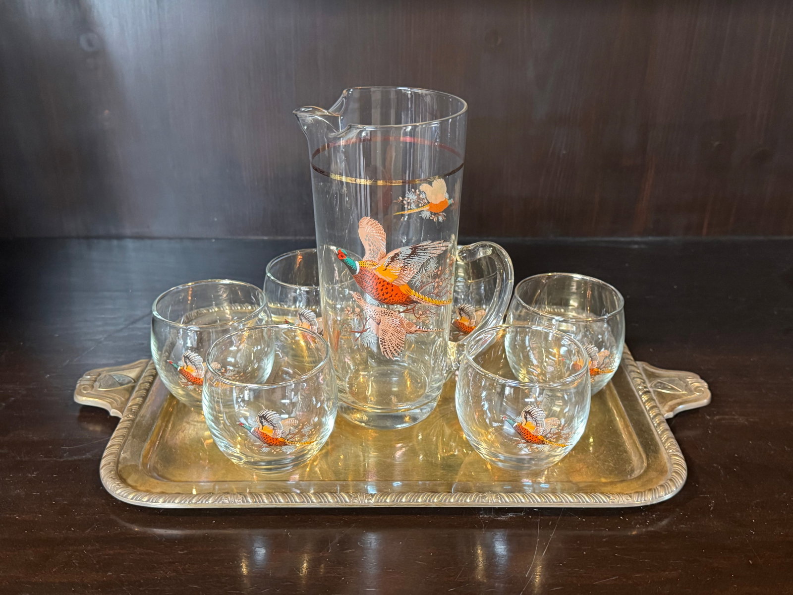 Vintage Pheasant-Decorated Glass Pitcher and Tumbler Set - 2