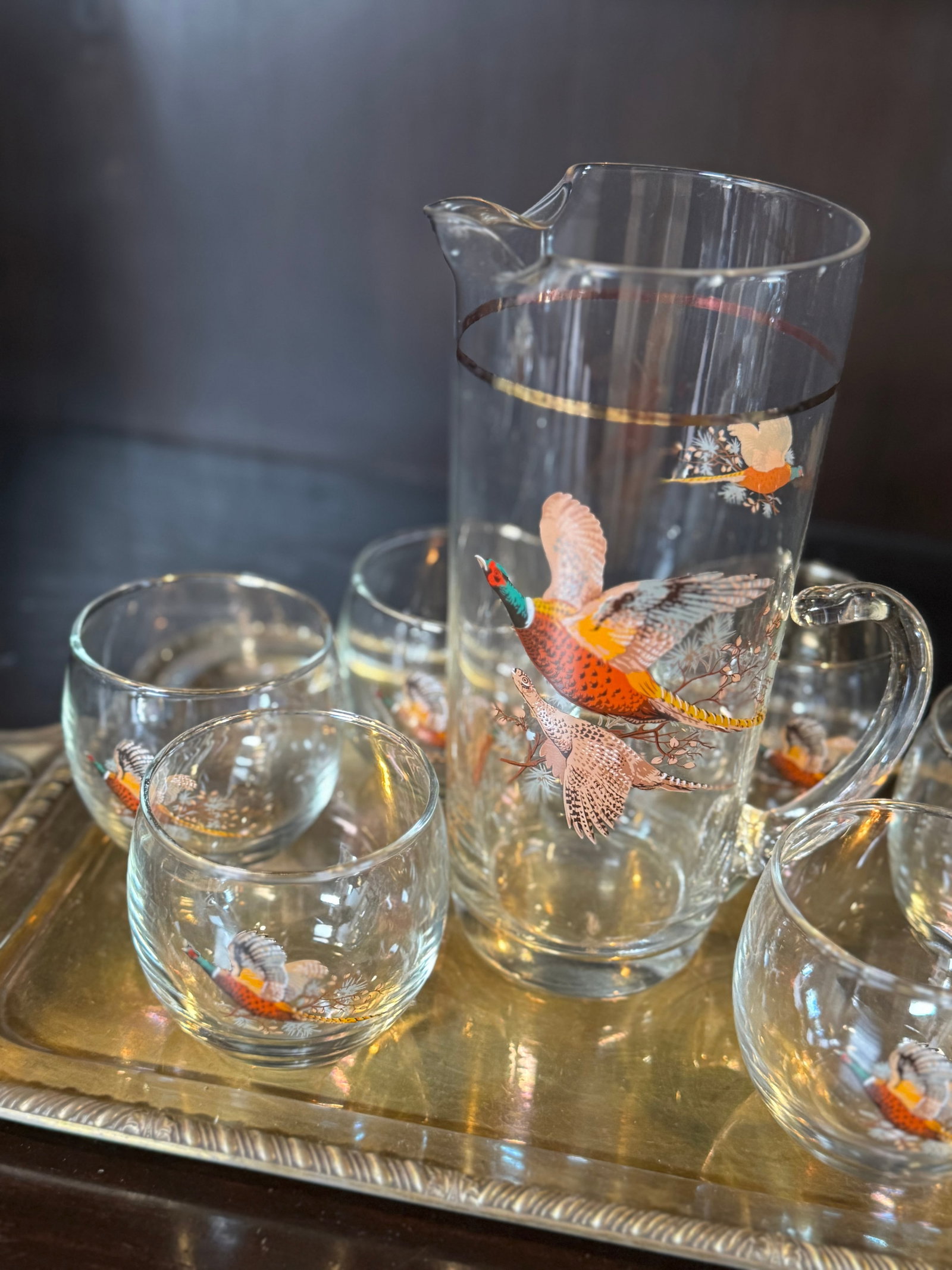 Vintage Pheasant-Decorated Glass Pitcher and Tumbler Set - 3