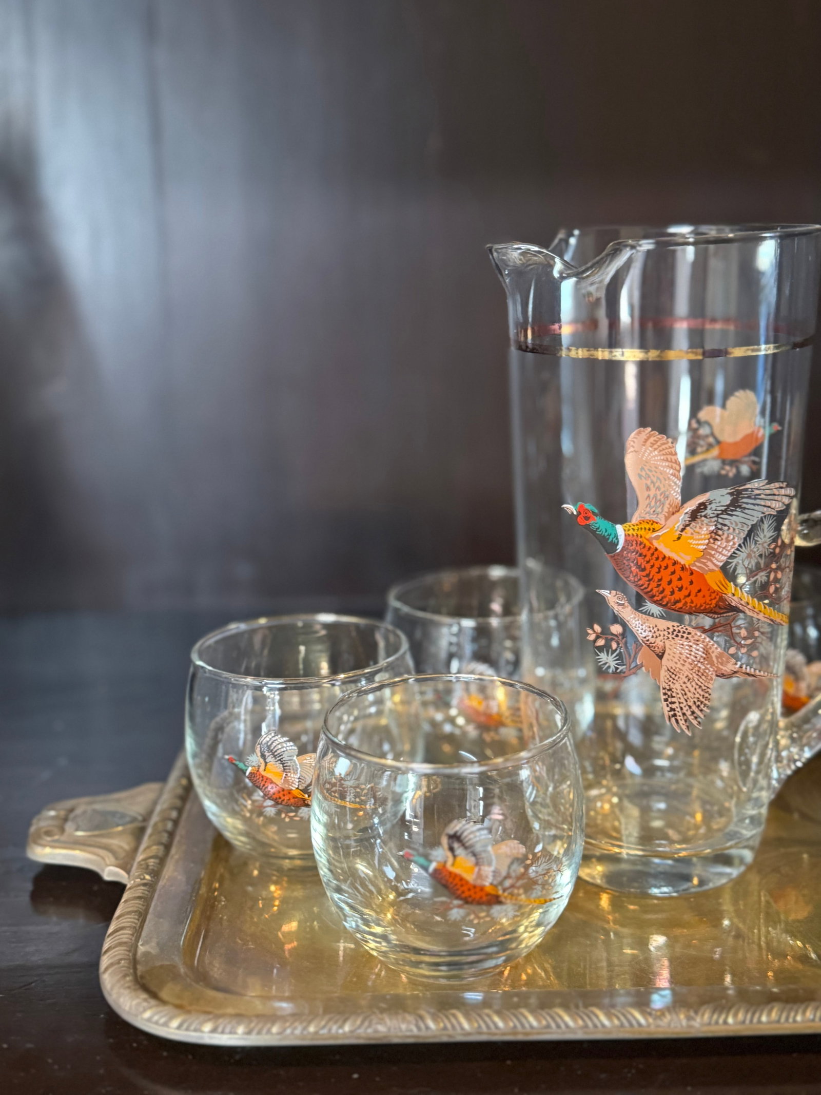 Vintage Pheasant-Decorated Glass Pitcher and Tumbler Set - 4