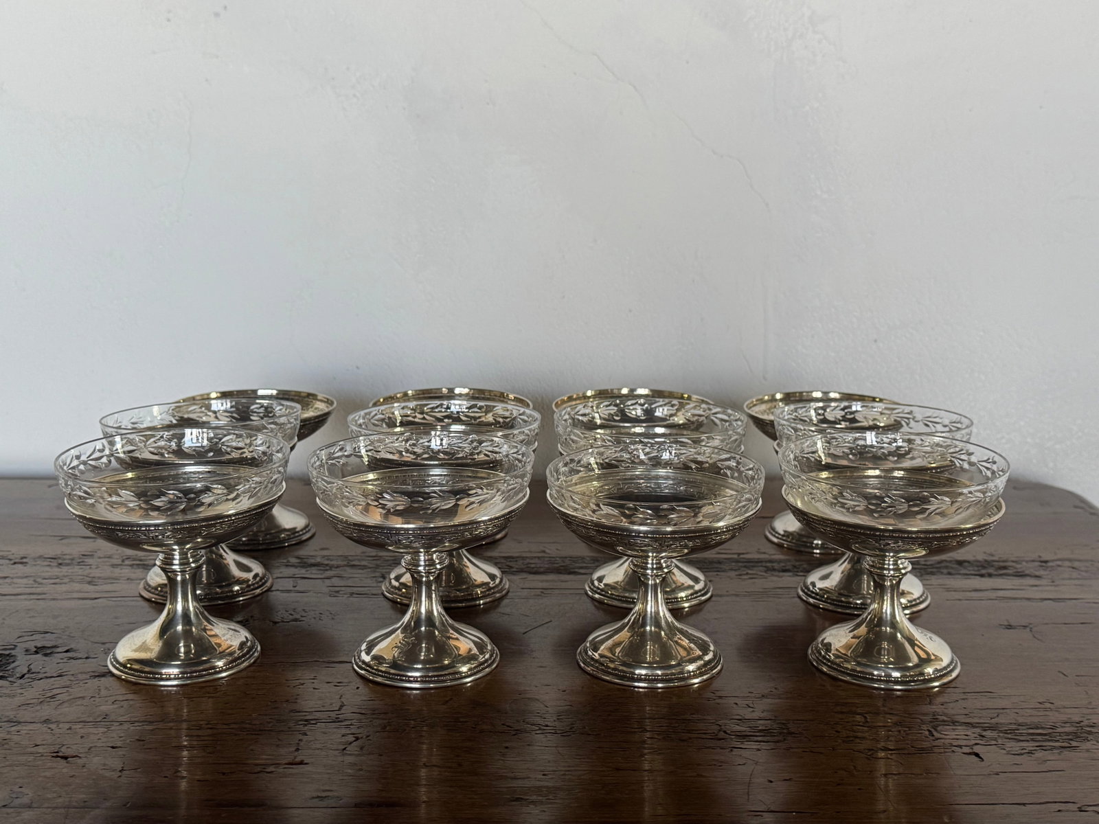Set of Twelve Gorham Sterling Silver and Etched Glass Sherbet Cups - 2