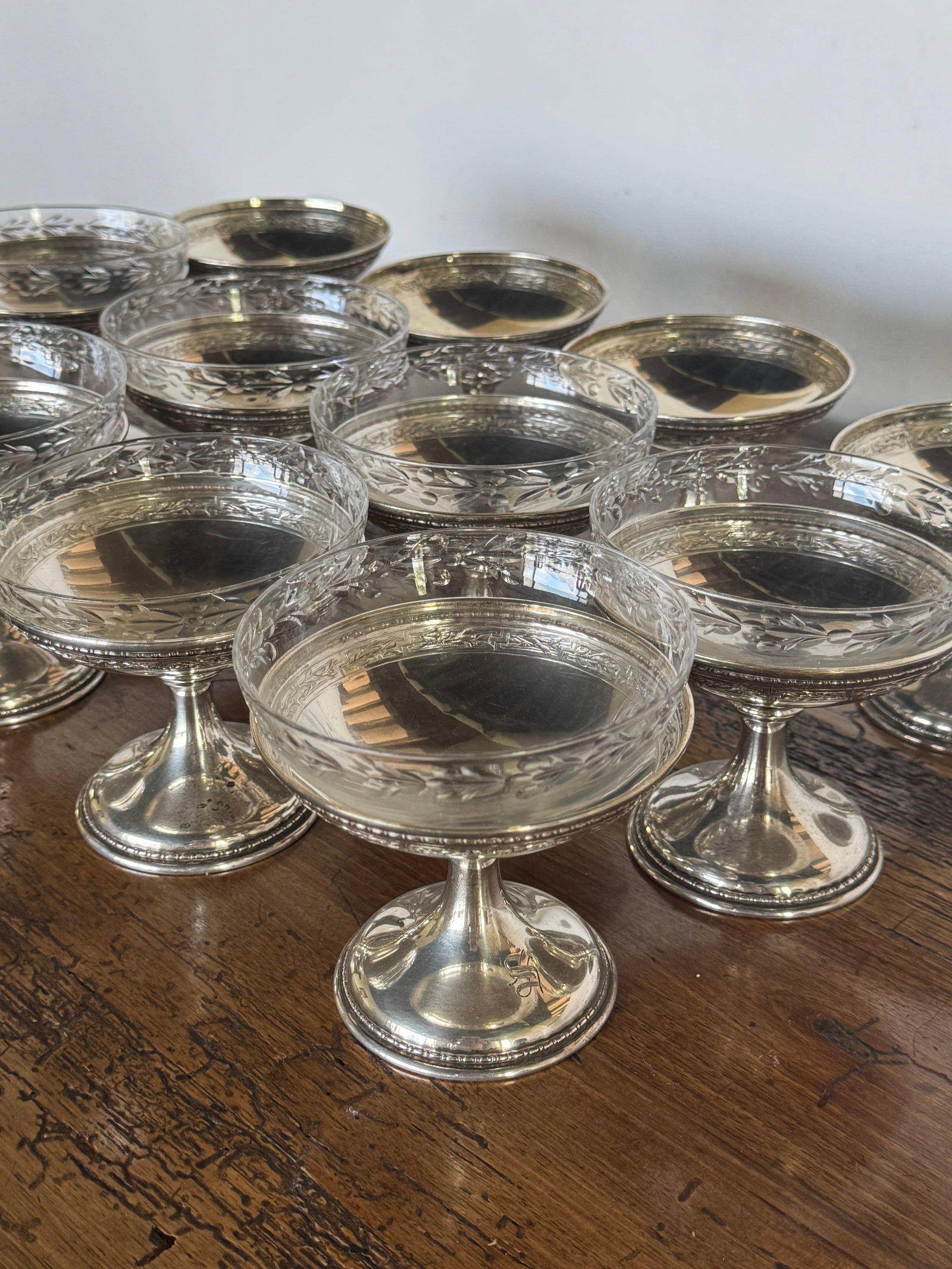 Set of Twelve Gorham Sterling Silver and Etched Glass Sherbet Cups - 3