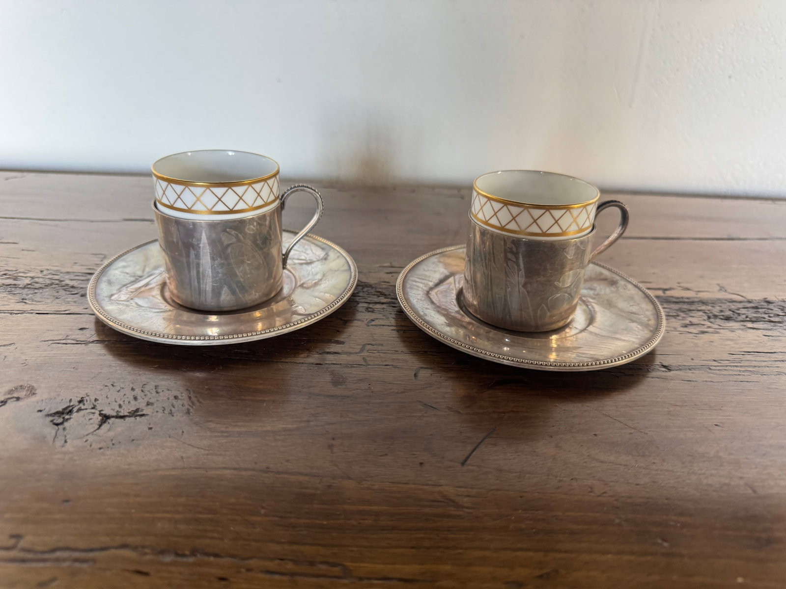 Pair of Tiffany & Co. Sterling Silver Demitasse Cup Holders with Spode Bone China Cups - 2