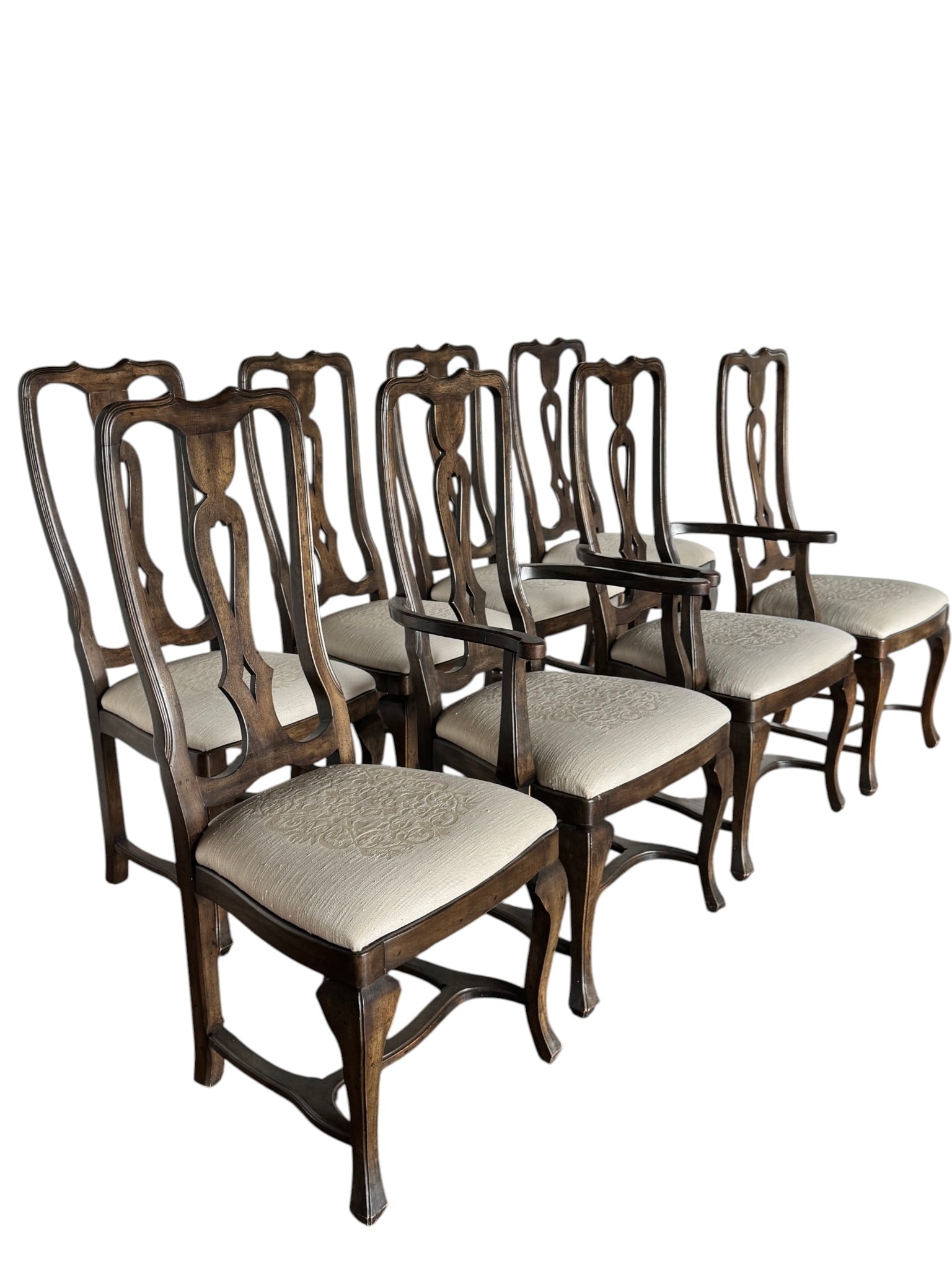 Set of Eight Traditional Dining Chairs by Henredon: A set of eight traditional dining chairs crafted by Henredon. Each chair features a carved dark wood frame with ornate scrolling and pierced splat backs, embodying a classic Neoclassical or early