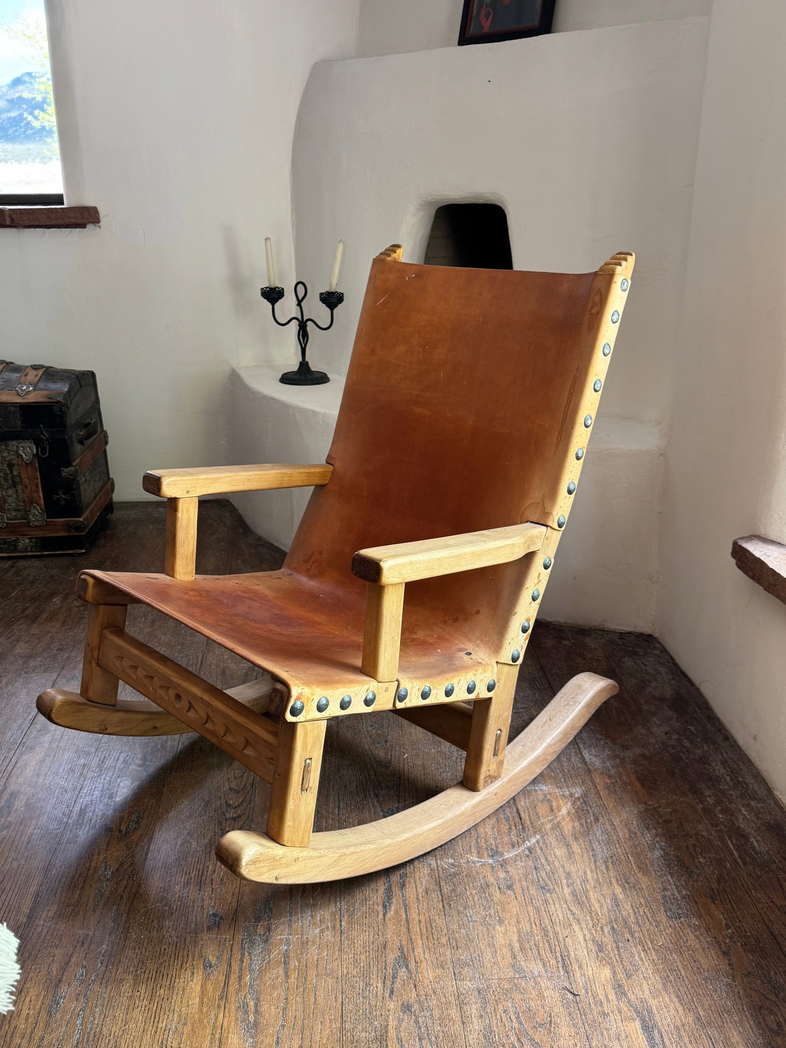 Mid-Century Modern Tan Leather and Wood Rocking Chair - 2