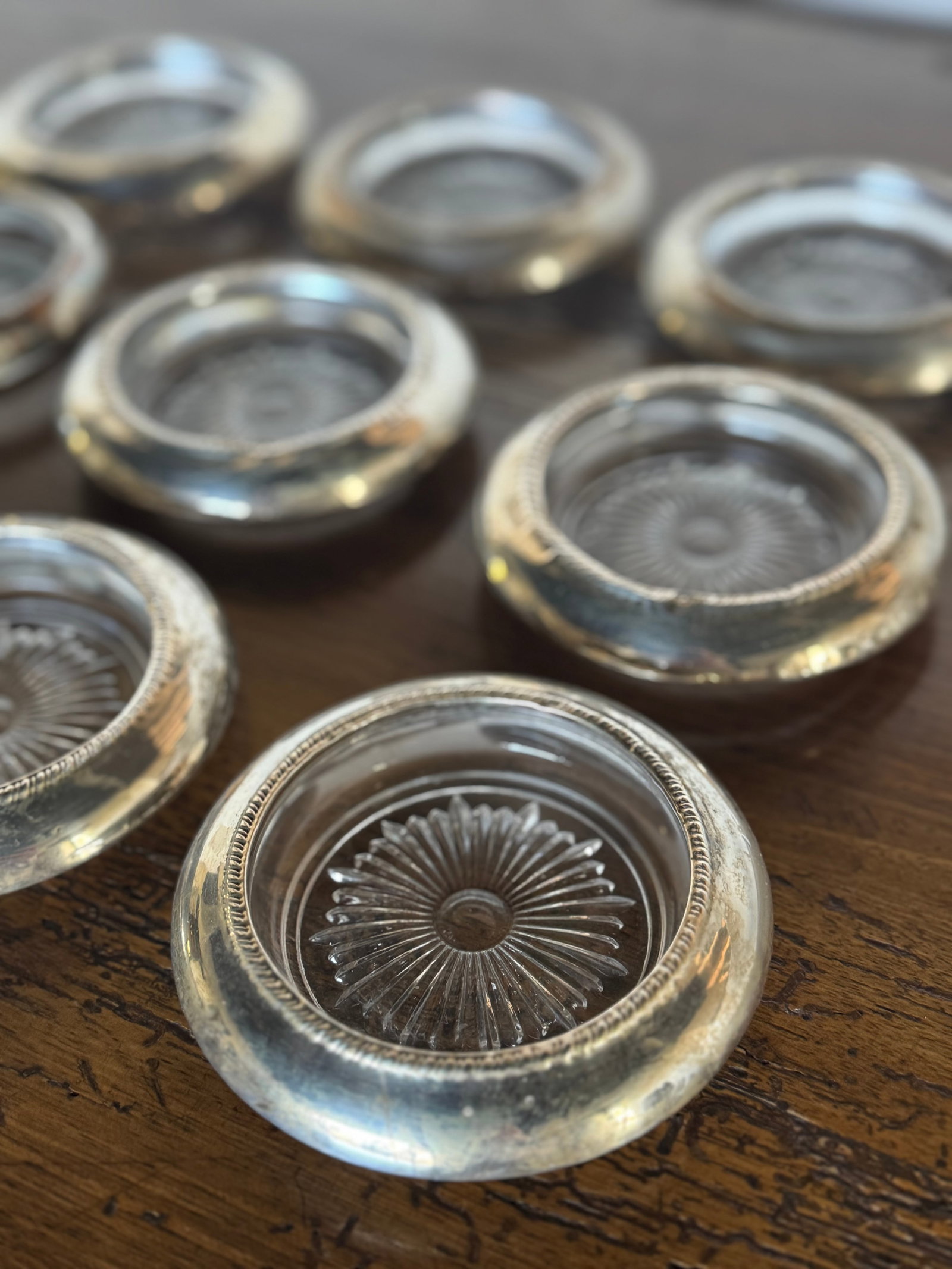 Set of Nine Silver Plate and Glass Coasters - 3