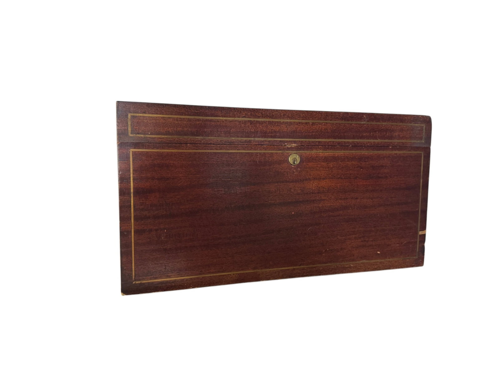 An Early 20th Century Humidor Box by Benson & Hedges, London: This early 20th-century humidor, crafted by Benson & Hedges, London, is made of mahogany with brass string inlay and features a brass lock plate and carrying handles. The interior is tin-lined,