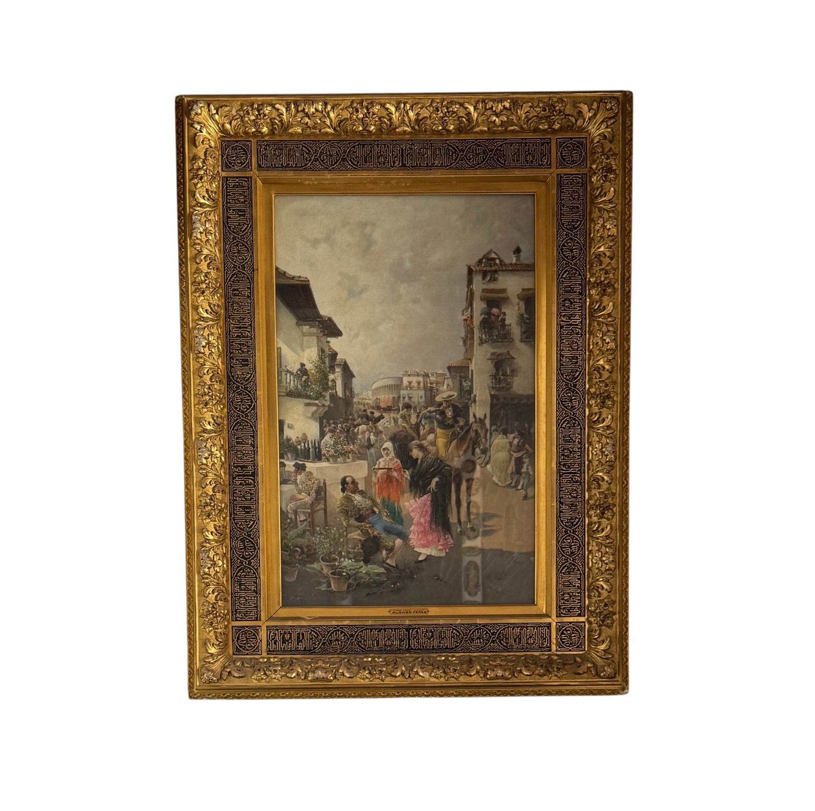 Alonso Pérez (1857 - 1930), Oil on Canvas, Spain Street Scene Painting, Under Glass, in a Giltw (1 of 2)
