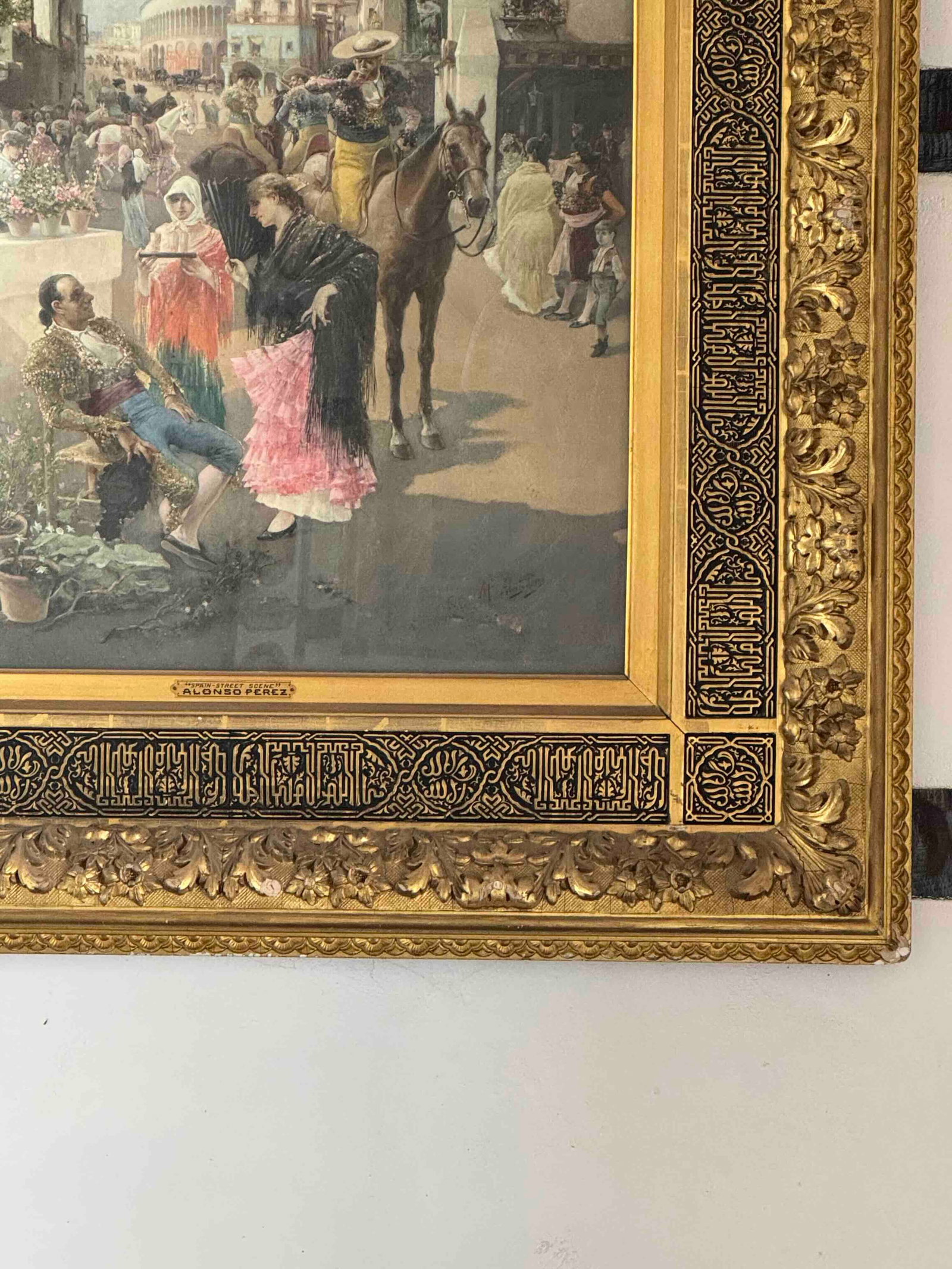 Alonso Pérez (1857 - 1930), Oil on Canvas, Spain Street Scene Painting, Under Glass, in a Giltw - 5