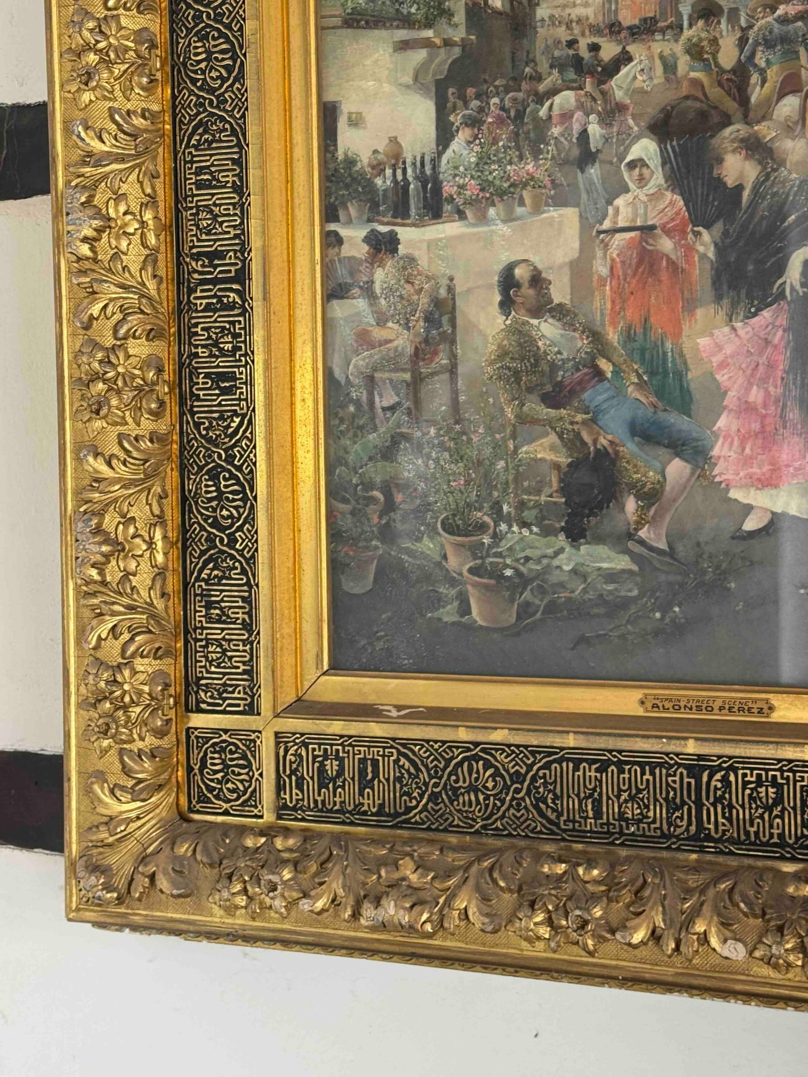 Alonso Pérez (1857 - 1930), Oil on Canvas, Spain Street Scene Painting, Under Glass, in a Giltw - 6