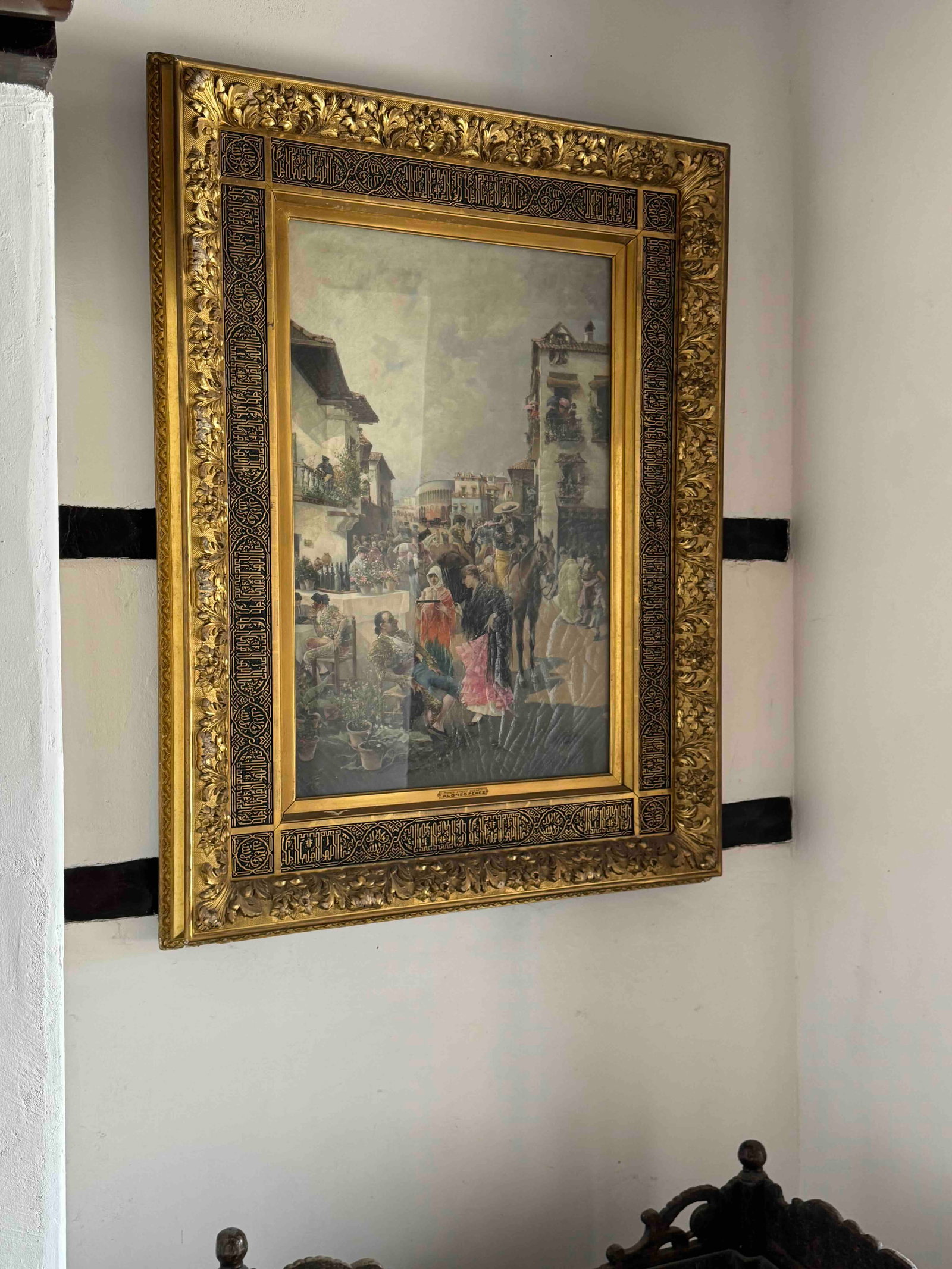 Alonso Pérez (1857 - 1930), Oil on Canvas, Spain Street Scene Painting, Under Glass, in a Giltw - 7