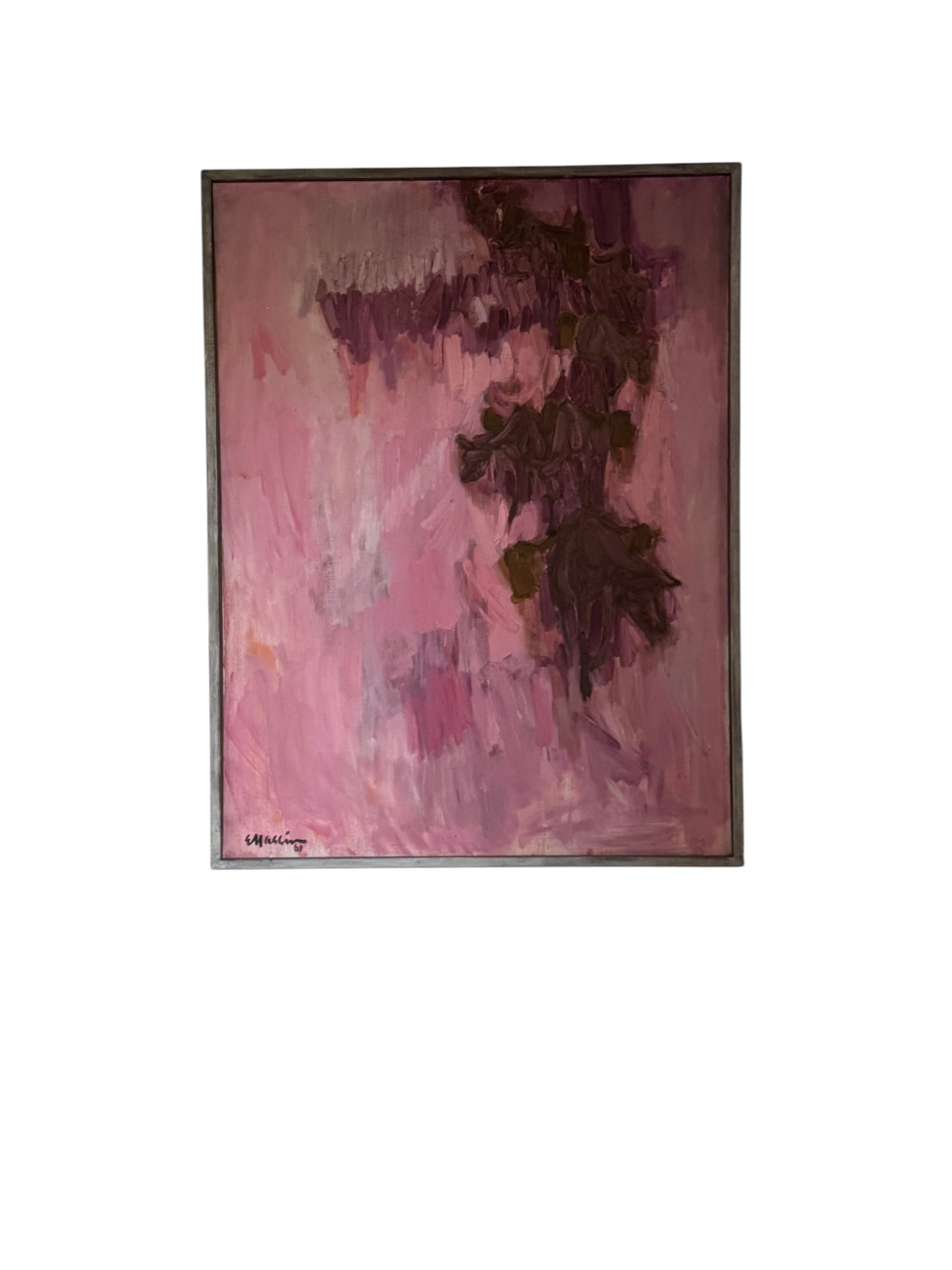 Burros by E Massin, Oil on Canvas, 1960: An abstract oil on canvas painting titled "Burros" by the artist E Massin, dated 1960. The artwork features a palette primarily of various shades of pink, with darker, more textured impasto brushstrok