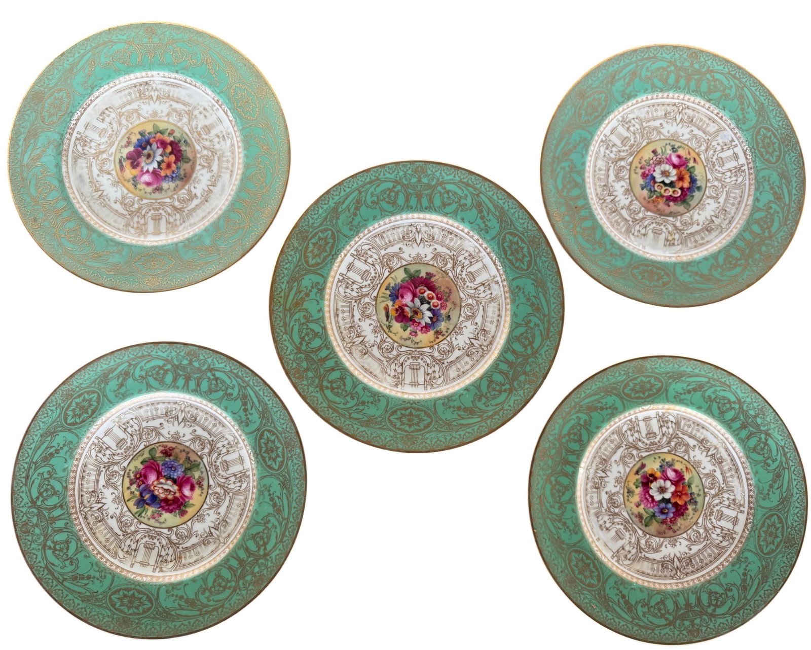 Set of Ten Royal Worchester Green and Gilt Porcelain Dinner Plates by Ridgway, Sparks, & Ridgway: This exquisite lot features a set of ten porcelain dinner plates, crafted by the renowned English maker Ridgway, Sparks, & Ridgway, dating to the mid-19th century, circa 1860s. Each plate showcases a