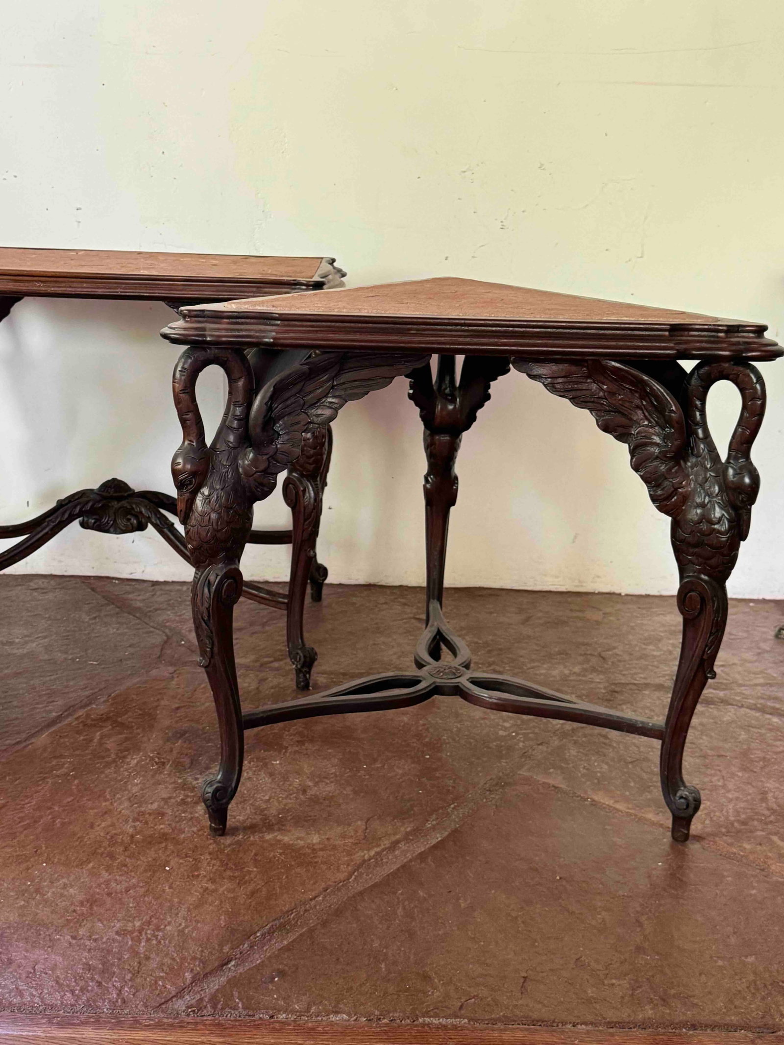 Set of Three Carved Wood and Stone Swan Console Tables - 2