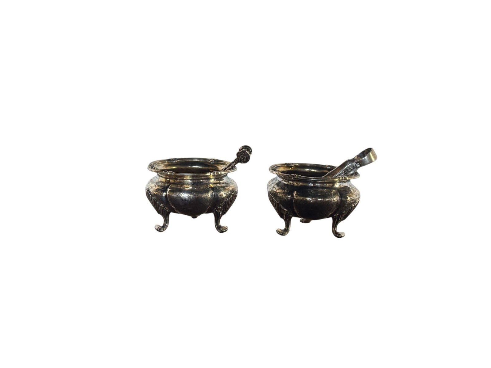 Pair of Victorian Sterling Silver Master Salt Cellars with Tongs (1 of 2)