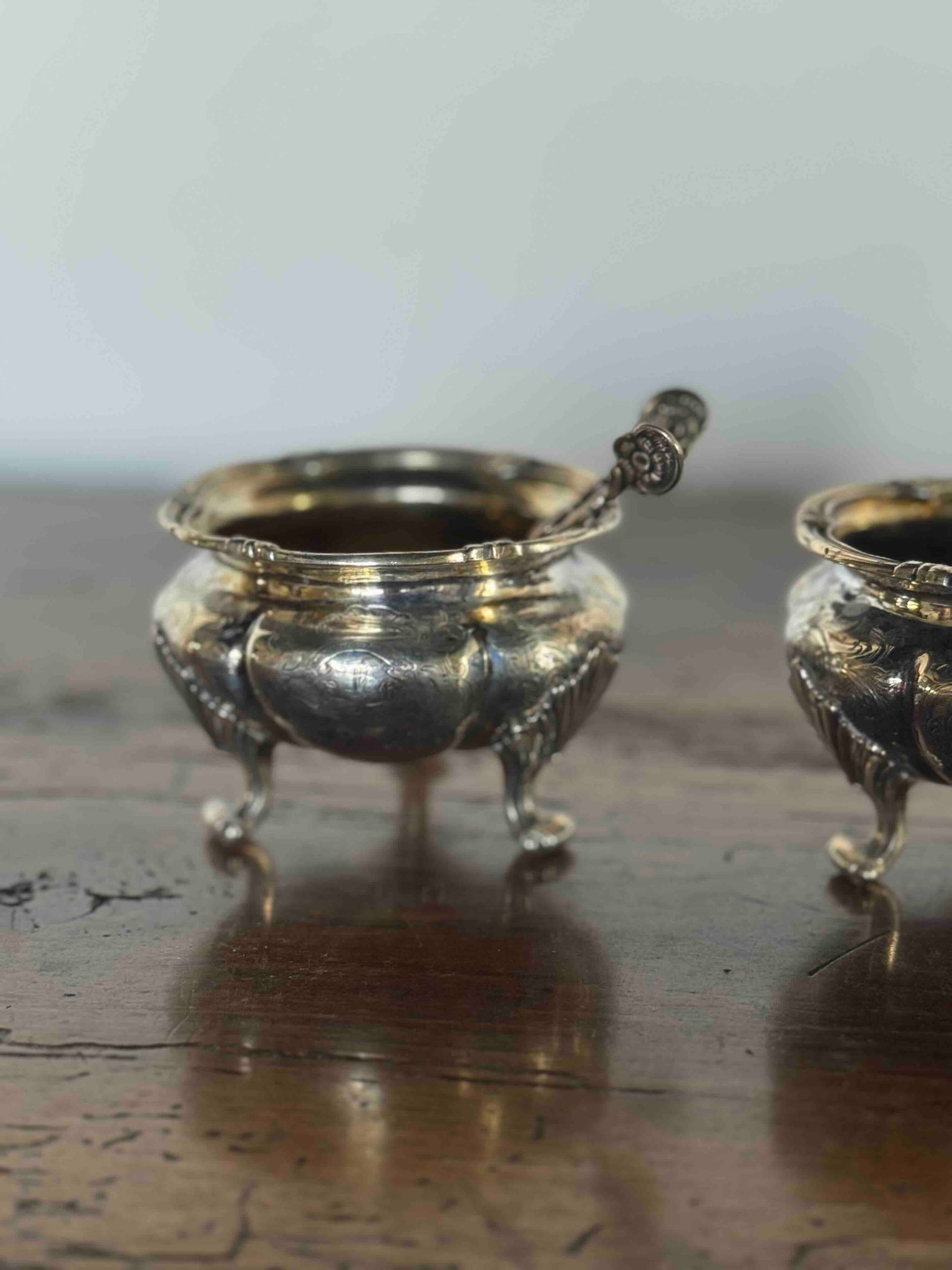 Pair of Victorian Sterling Silver Master Salt Cellars with Tongs - 2