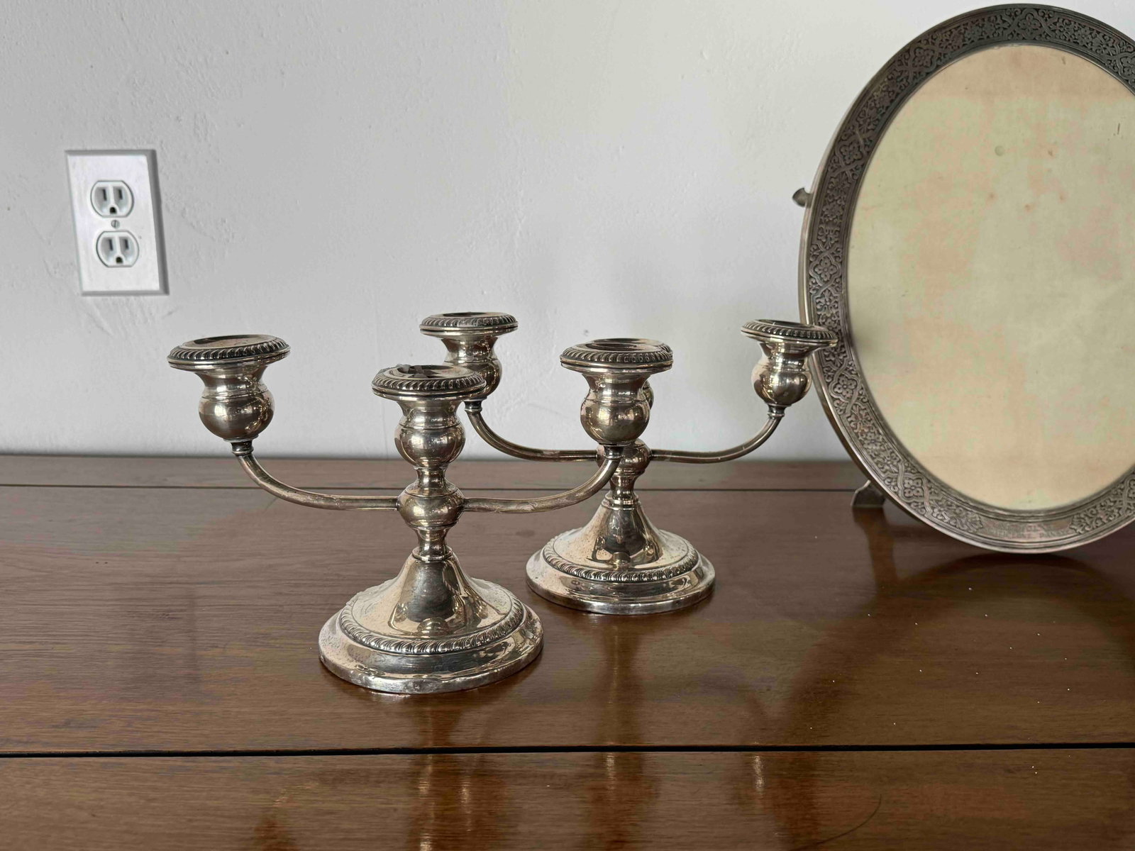Gorham Sterling Silver Candelabra and Ornate Silverplate Tray - 2