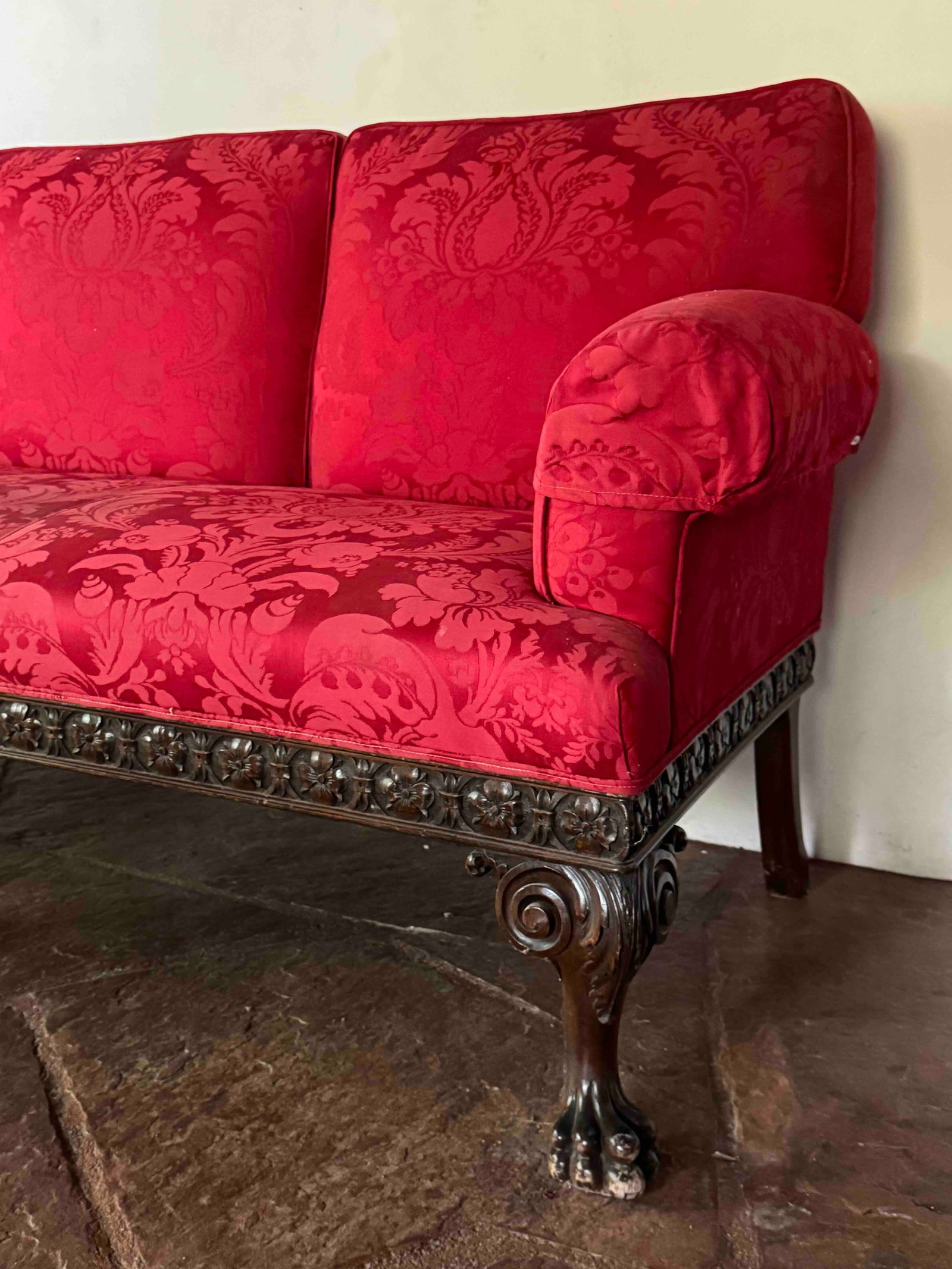 Carved Mahogany Sofa with Red Damask Upholstery - 2