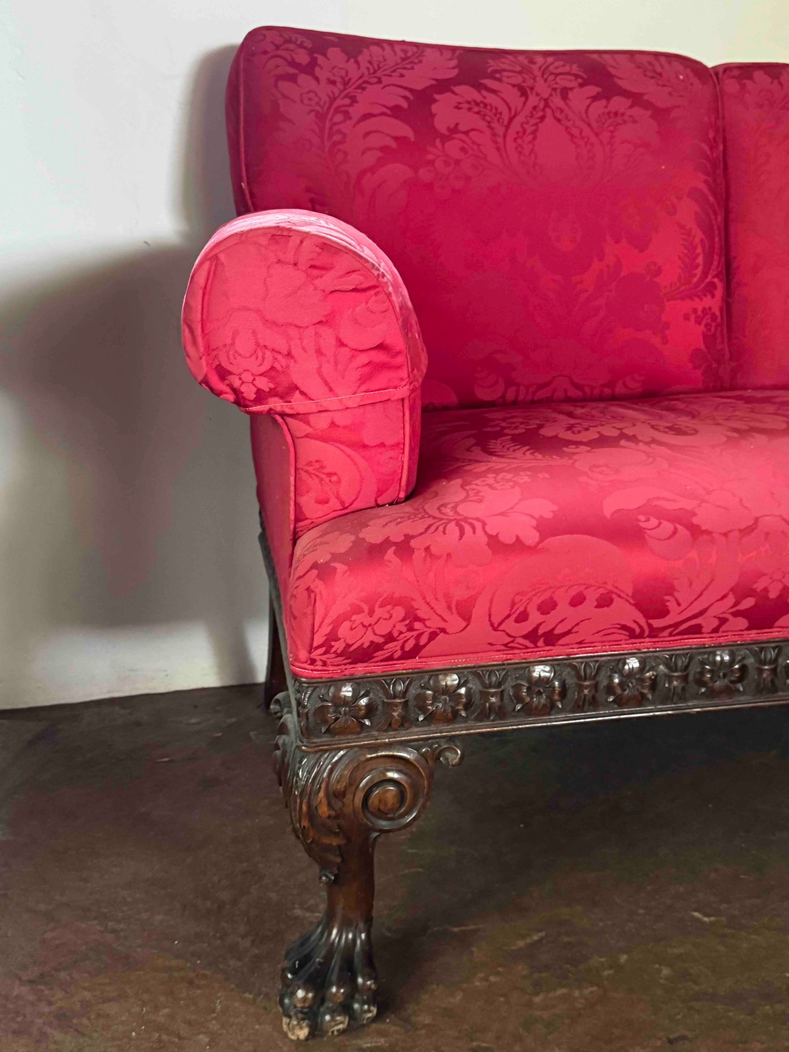 Carved Mahogany Sofa with Red Damask Upholstery - 3