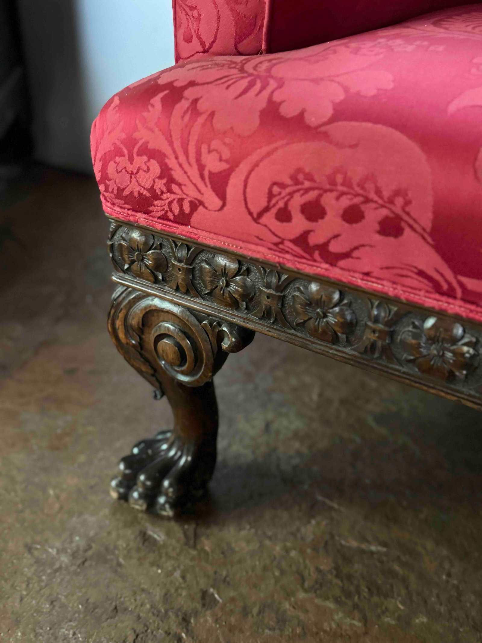 Carved Mahogany Sofa with Red Damask Upholstery - 4