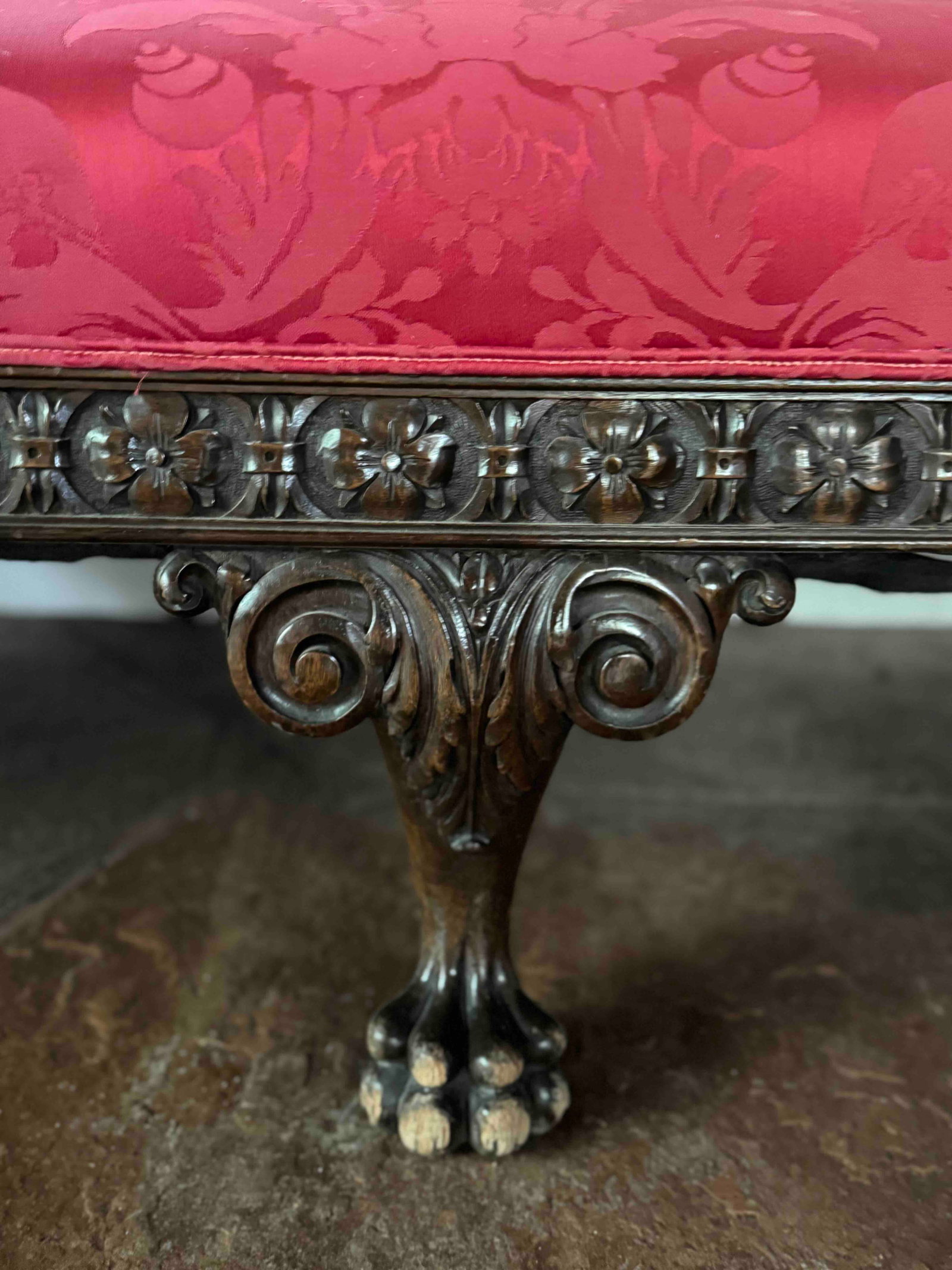 Carved Mahogany Sofa with Red Damask Upholstery - 5