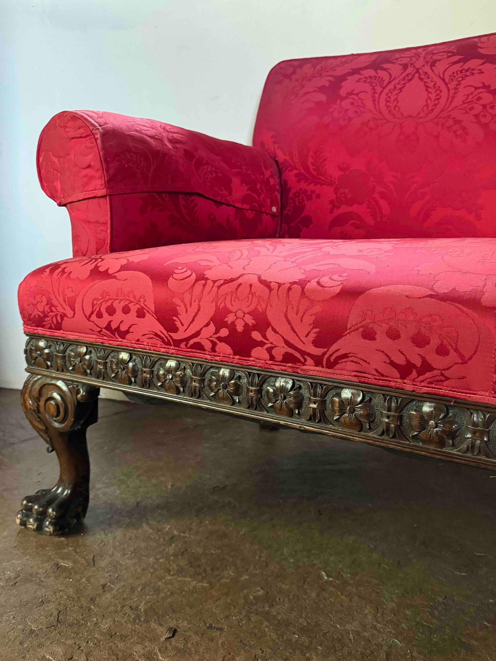 Carved Mahogany Sofa with Red Damask Upholstery - 6