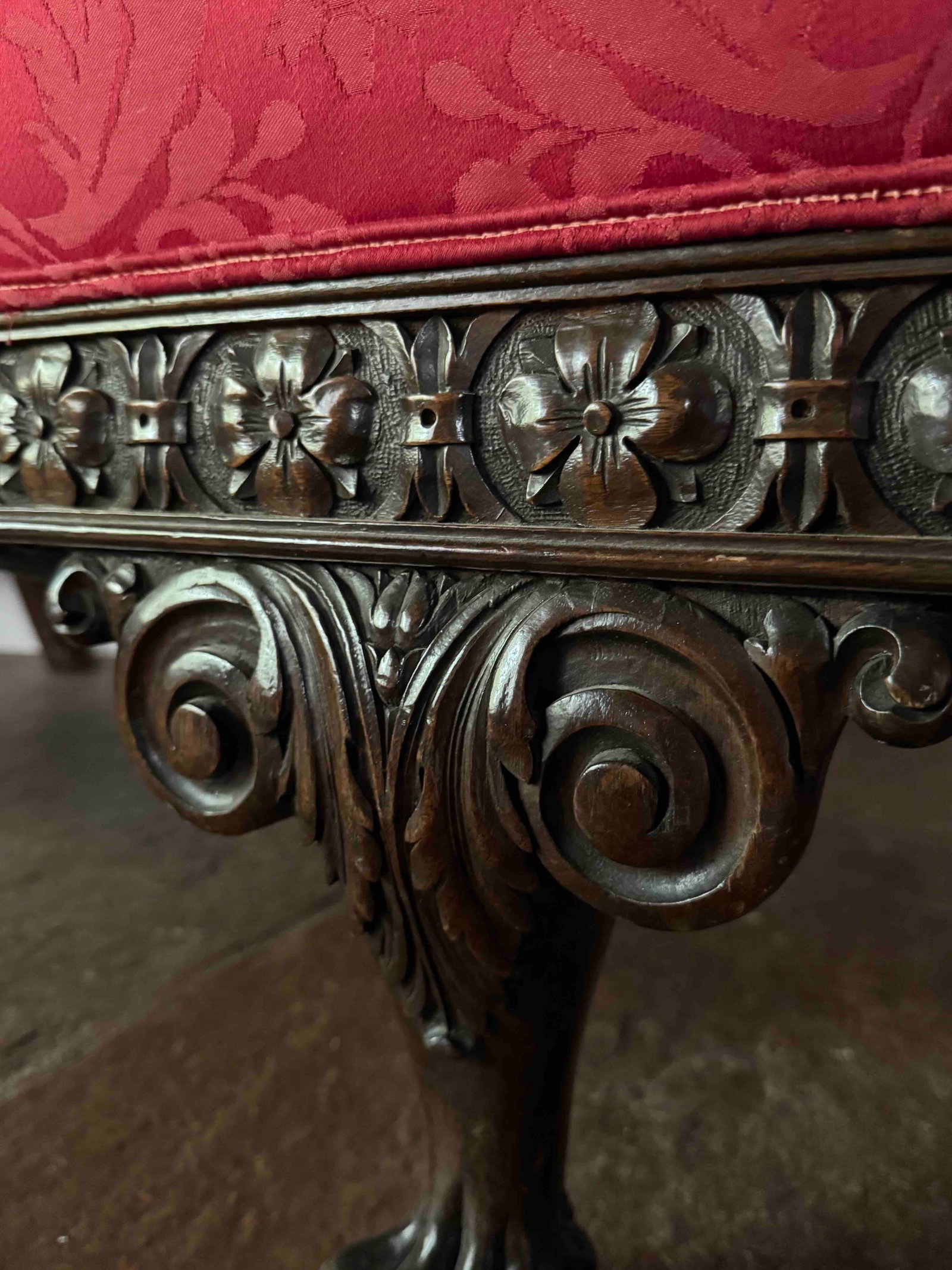 Carved Mahogany Sofa with Red Damask Upholstery - 7