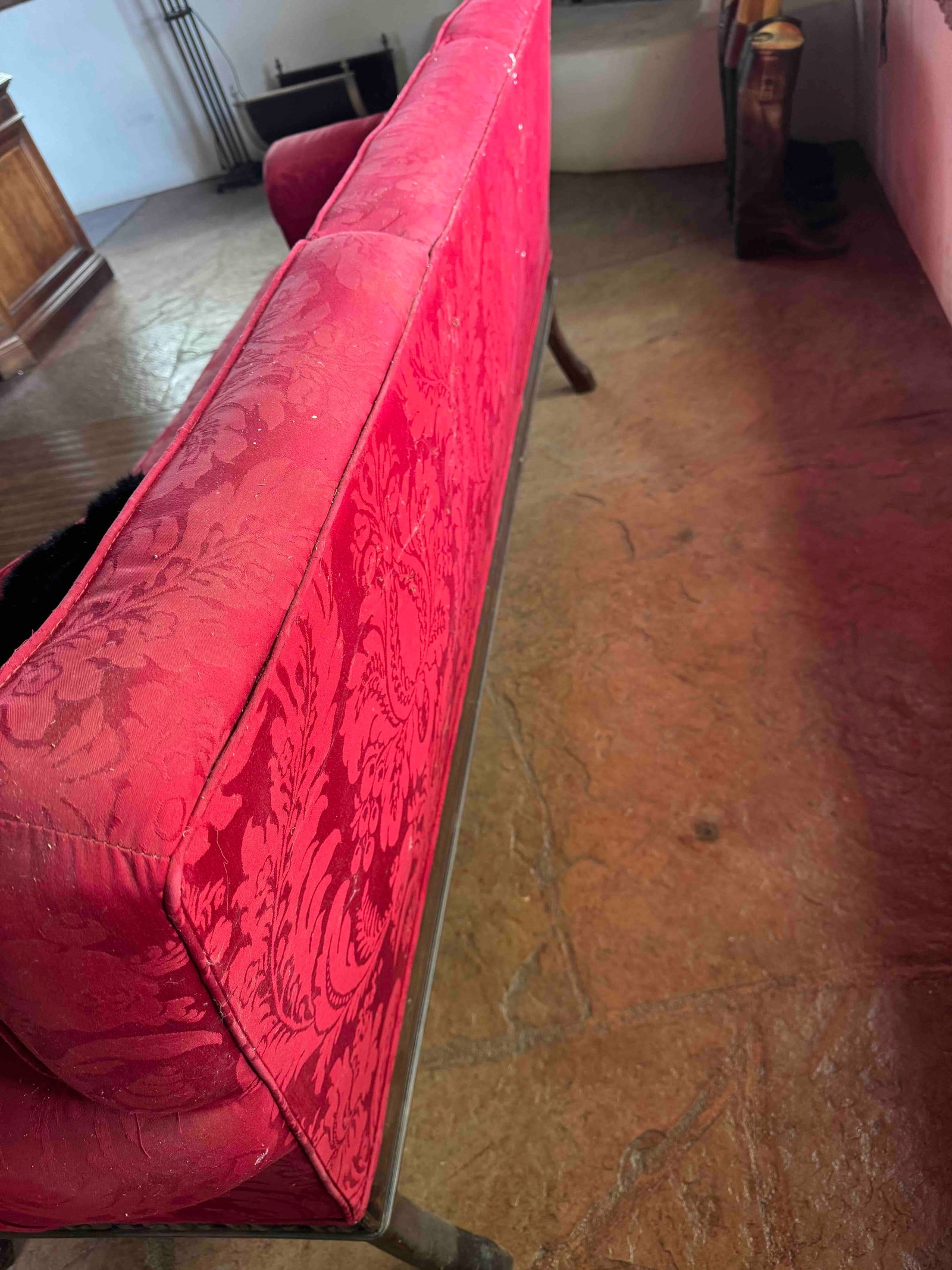 Carved Mahogany Sofa with Red Damask Upholstery - 8