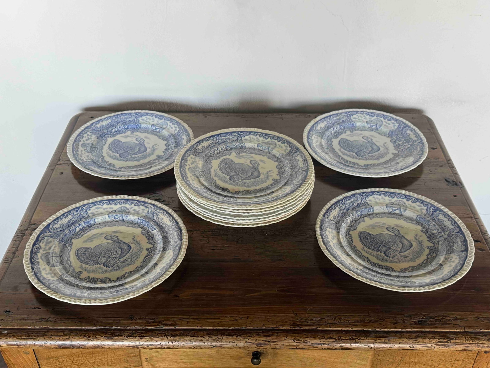 Set of Twelve Staffordshire Blue & White Transferware Turkey Plates - 2
