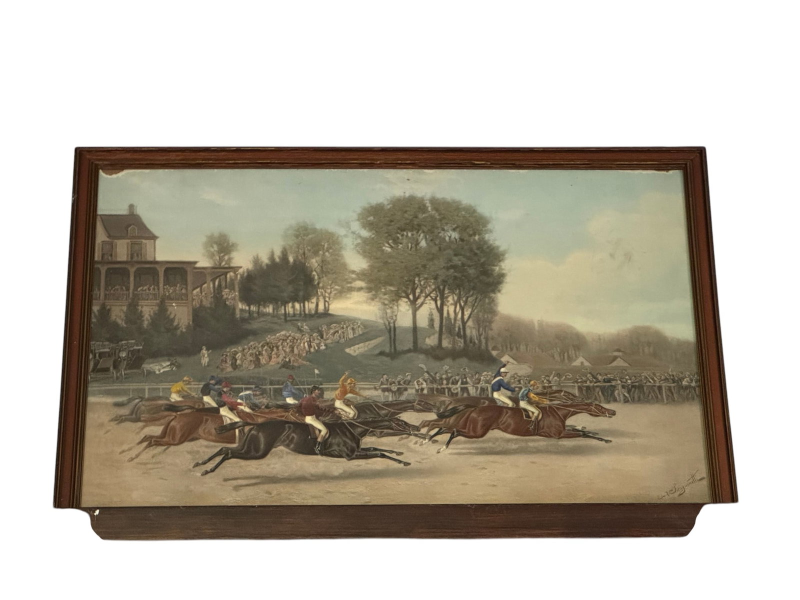 Great Metropolitan Stakes, Oil on Panel, by E. P. "Edward" Sanguinetti: An impressive framed oil on panel, titled 'The Great Metropolitan Stakes' by E. P. "Edward" Sanguinetti, depicts a dynamic steeplechase scene. The print captures horses and jockeys mid-race, with a