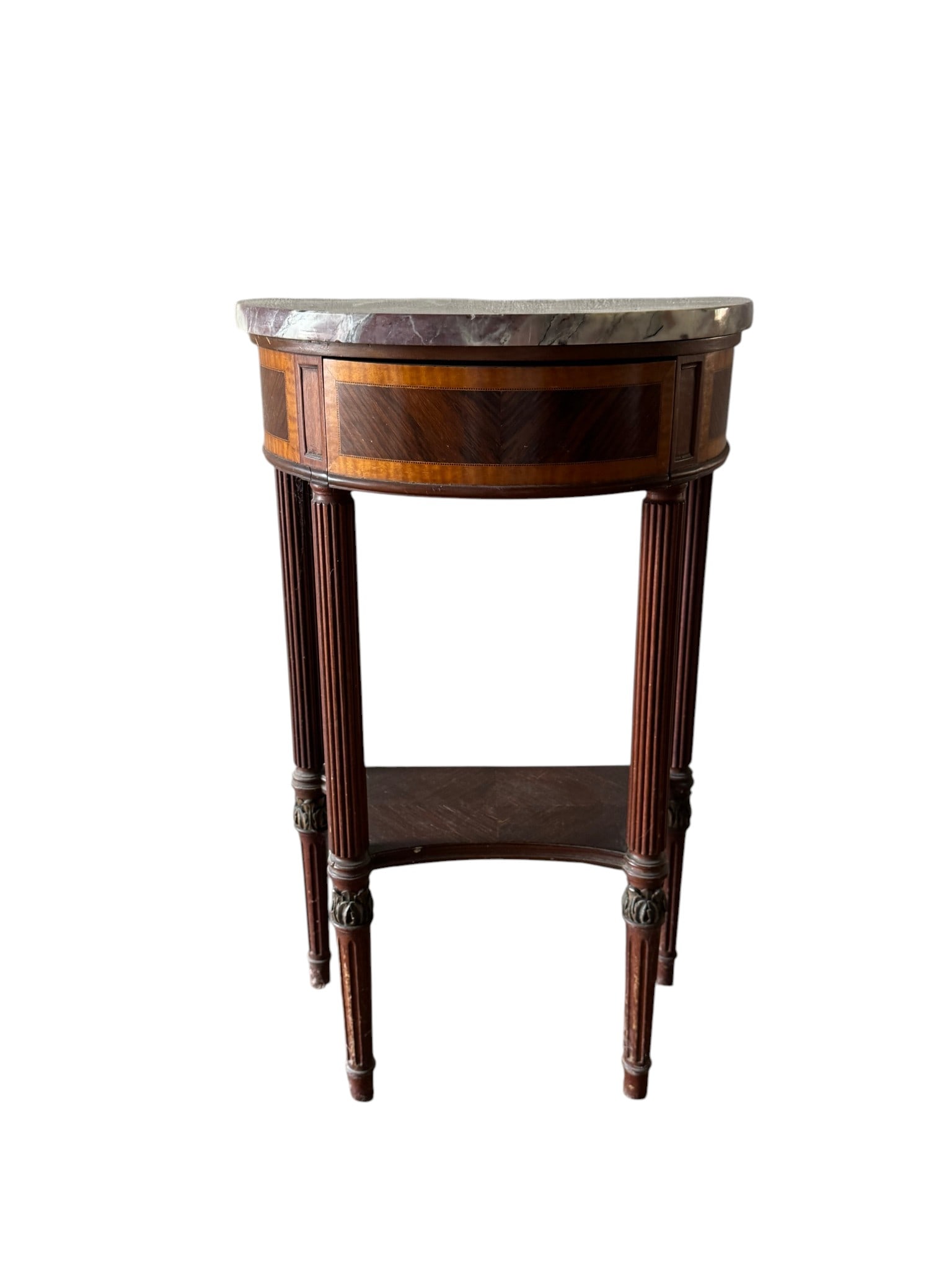 Stack & Rassell & Co. Neoclassical Demilune Console Table: A finely crafted Neoclassical demilune console table by Stack & Rassell & Co., New York. This exquisite table features a striking semi-circular variegated purple and white marble top. The apron is