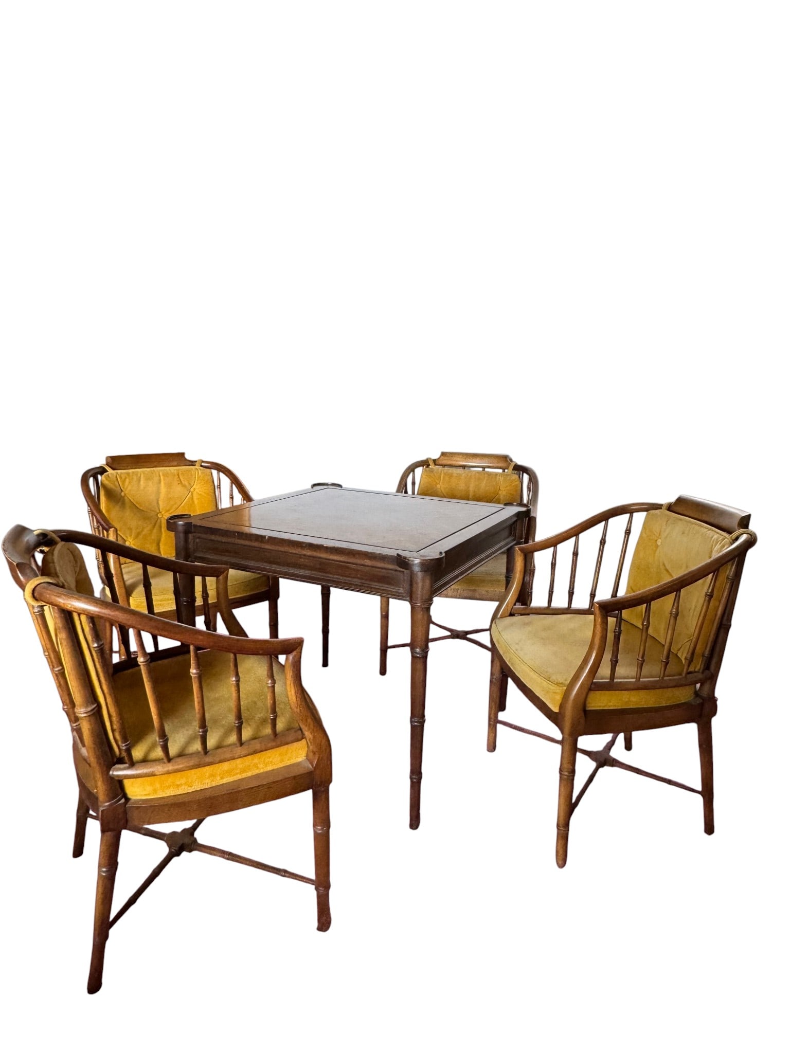 Vintage Drexel Games Table & Chairs: Vintage Drexel games table with set of four coordinating Drexel chairs. The table top inset removes to reveal a checkerboard. Yellow upholstery to chair does show signs of wear. Note: Dimensions