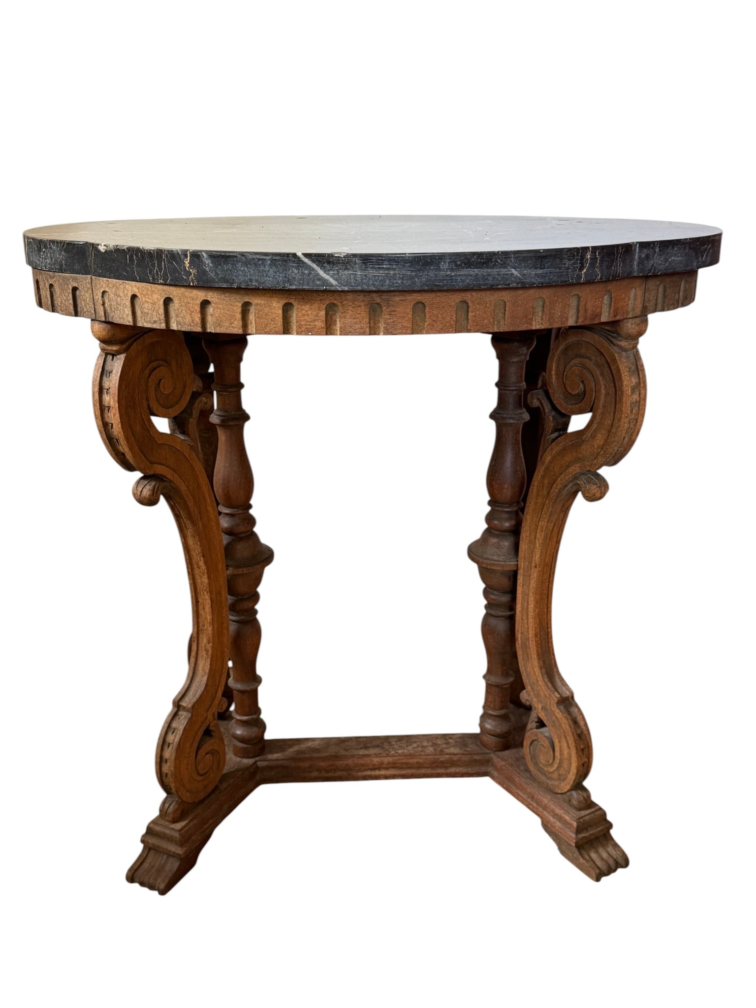 Victorian Carved Walnut and Marble-Top Occasional Table: This elegant Victorian occasional table features a highly figured black marble top with striking gold and white veining, suggesting either Portoro or possibly a similar black and gold marble. The