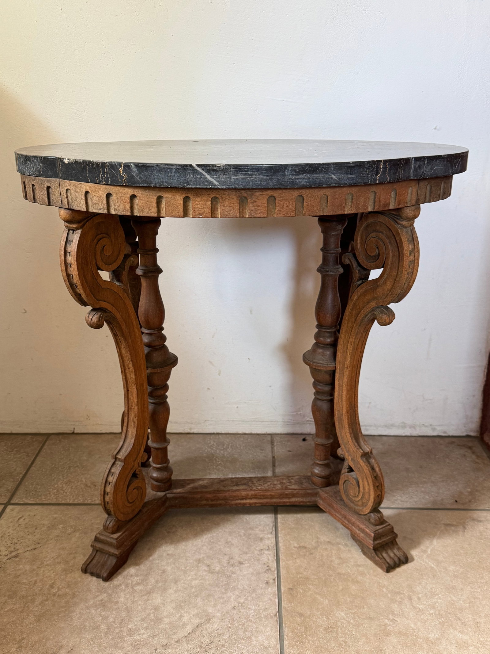 Victorian Carved Walnut and Marble-Top Occasional Table - 2