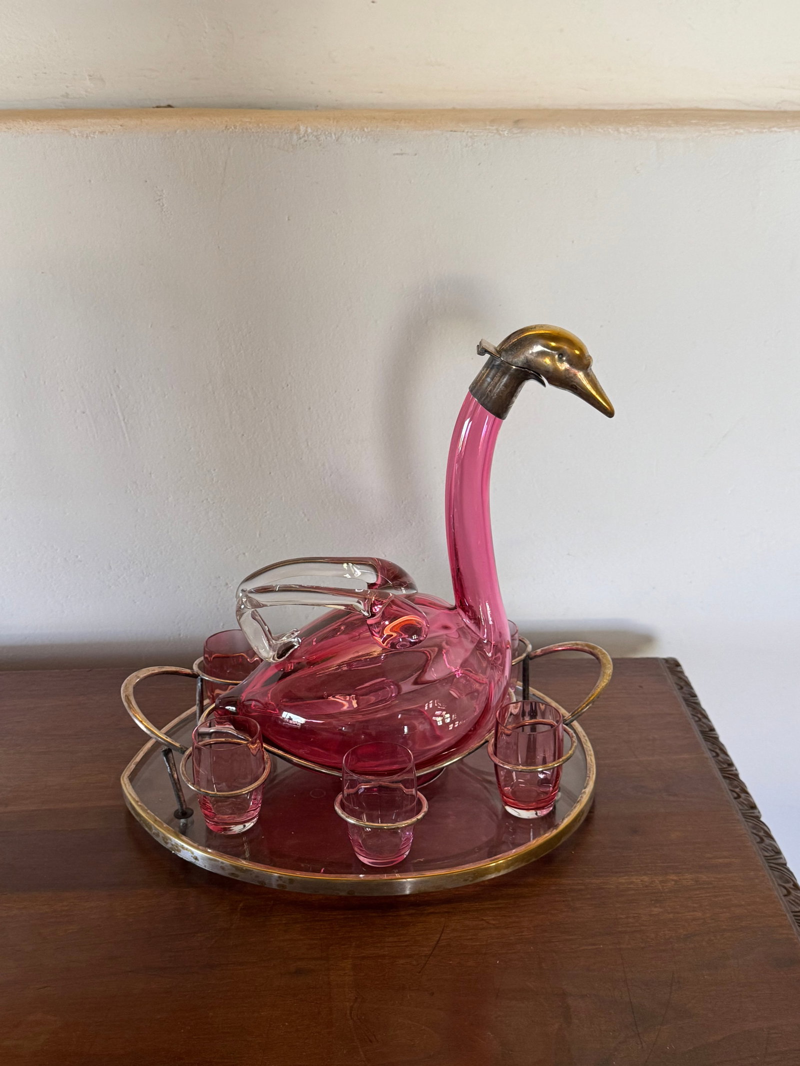Mid-20th Century Italian Pink Glass Swan Decanter Set - 2