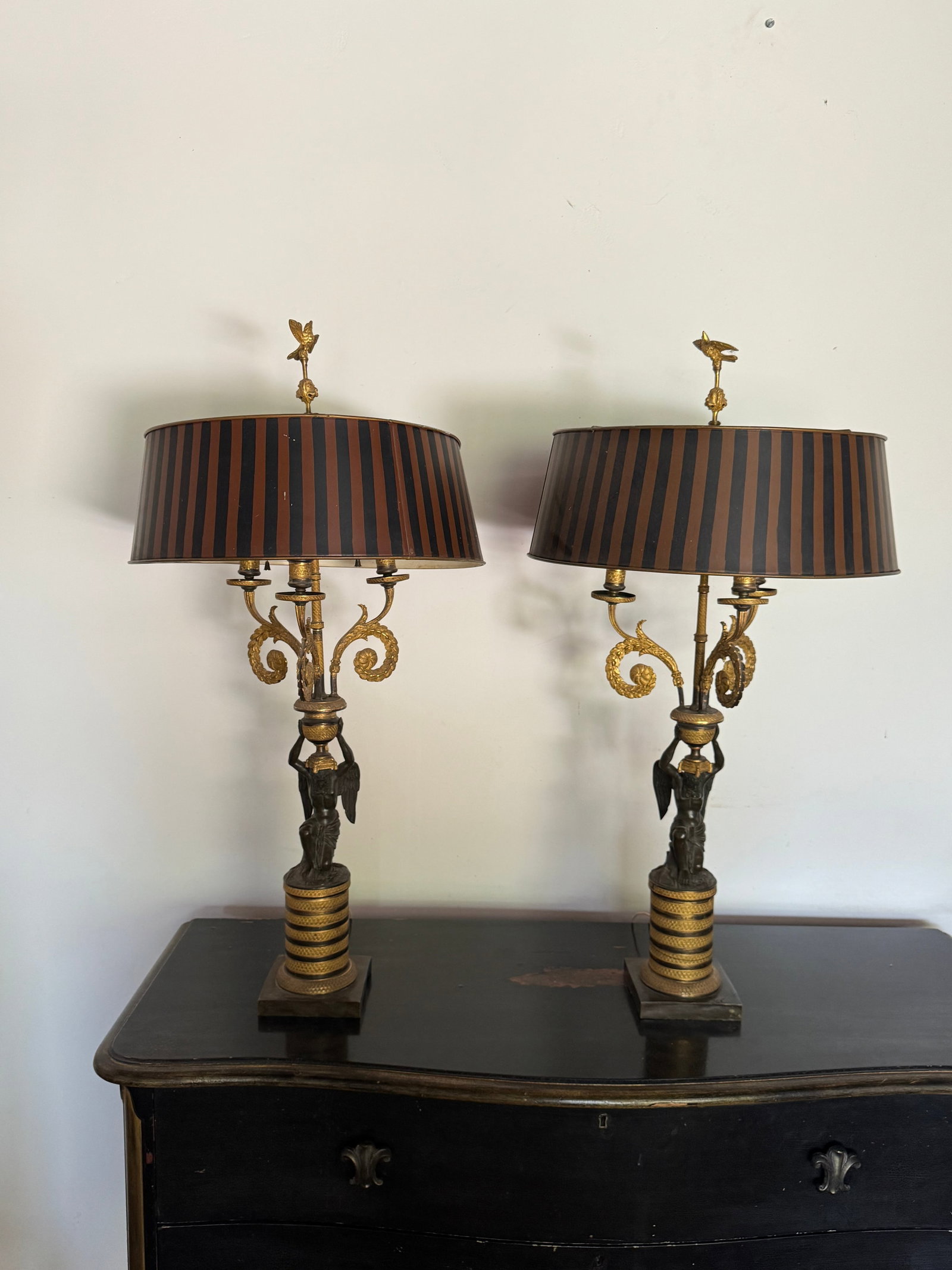 Pair of Empire-Style Bronze and Gilt Metal Figural Lamps with Striped Shades - 2