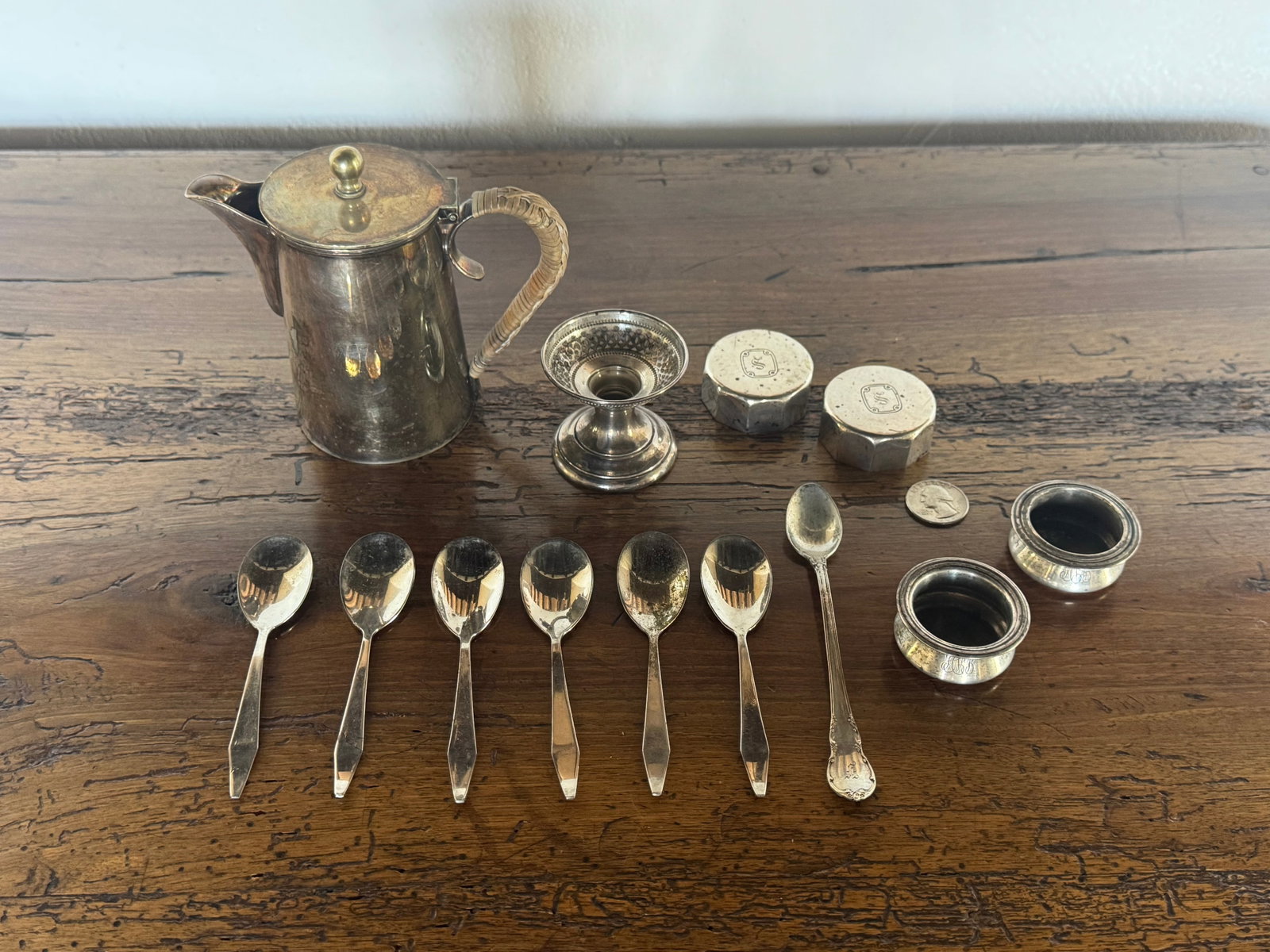Collection of Sterling Silver Tableware with Coffee Pot, Spoons, Boxes, and Napkin Rings - 2