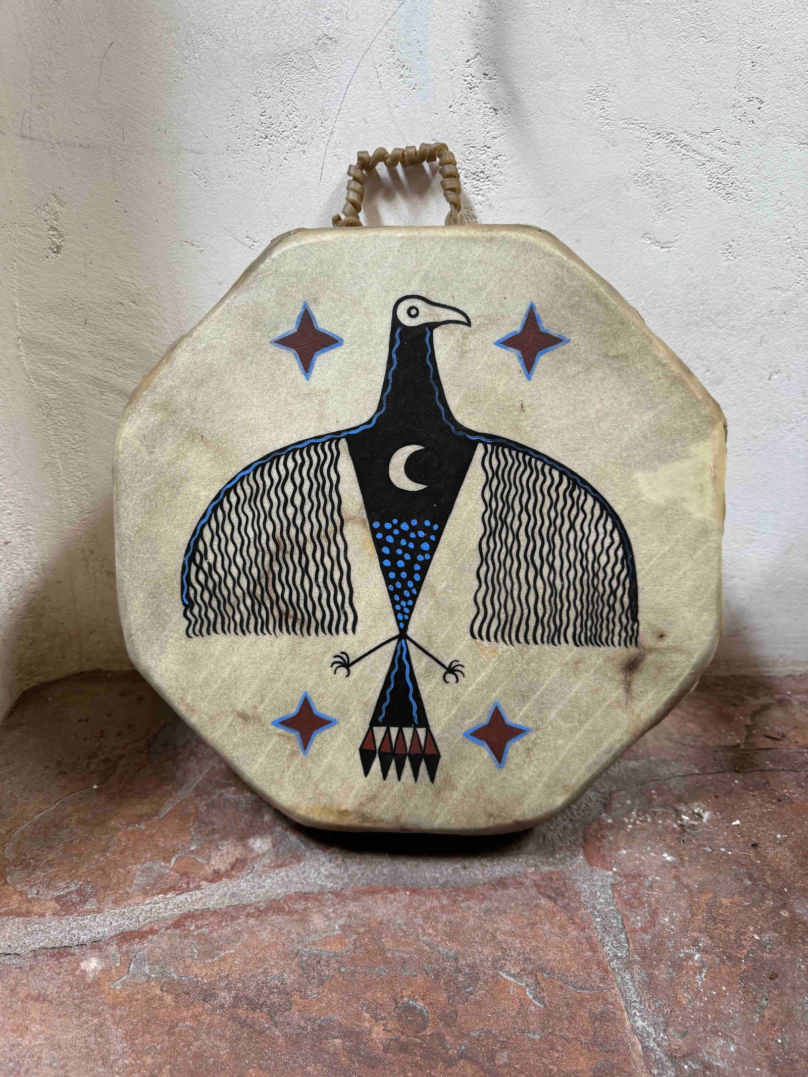 Native American Style Octagonal Hand Drum with Bird Motif - 2