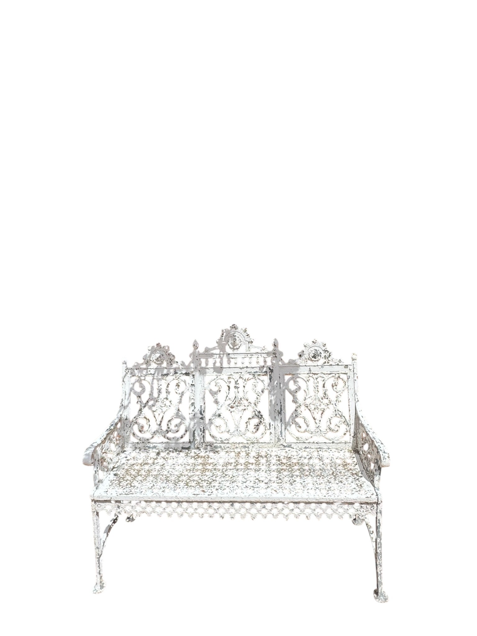 Victorian Style Cast Iron Garden Benchs, Pair: These charming cast iron garden benches features a classic Victorian style with an intricate scrollwork design on its backrest and seat. The bench is finished in white paint, which shows significant