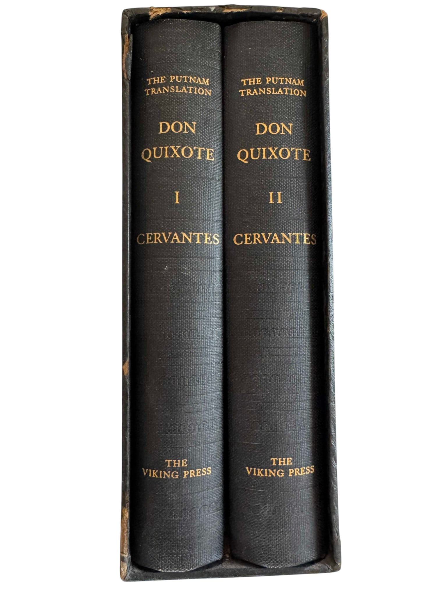 Don Quixote by Miguel de Cervantes Saavedra, The Putnam Translation, The Viking Press, 1949, Two ...: A two-volume set of Miguel de Cervantes Saavedra's "Don Quixote," translated by Samuel Putnam and published by The Viking Press in New York in 1949. The set is presented in a black paper-covered