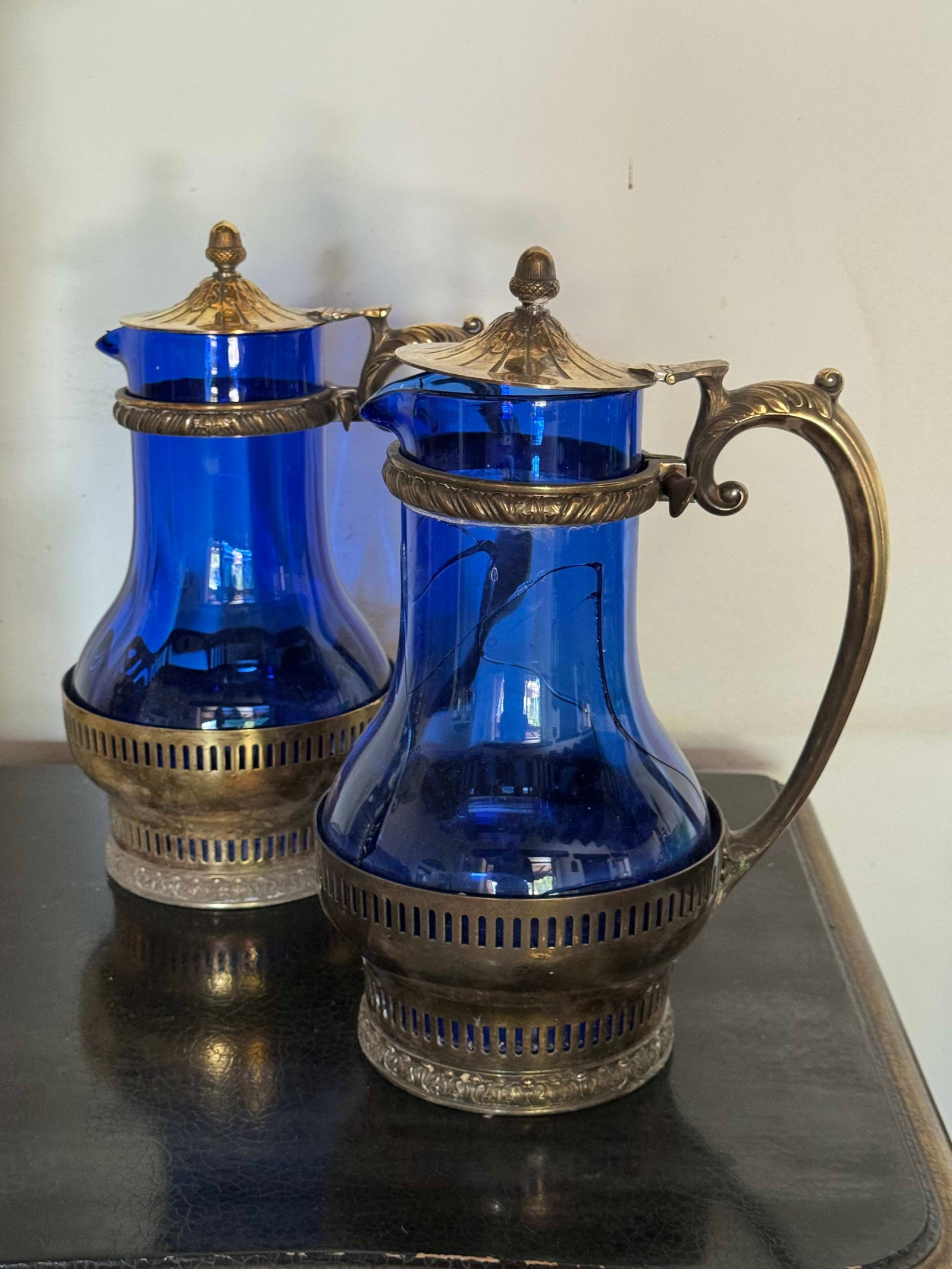 Pair of 19th Century Gorham Enameled Cobalt Blue Glass and Gilt Metal Ewers/Decanters - 2