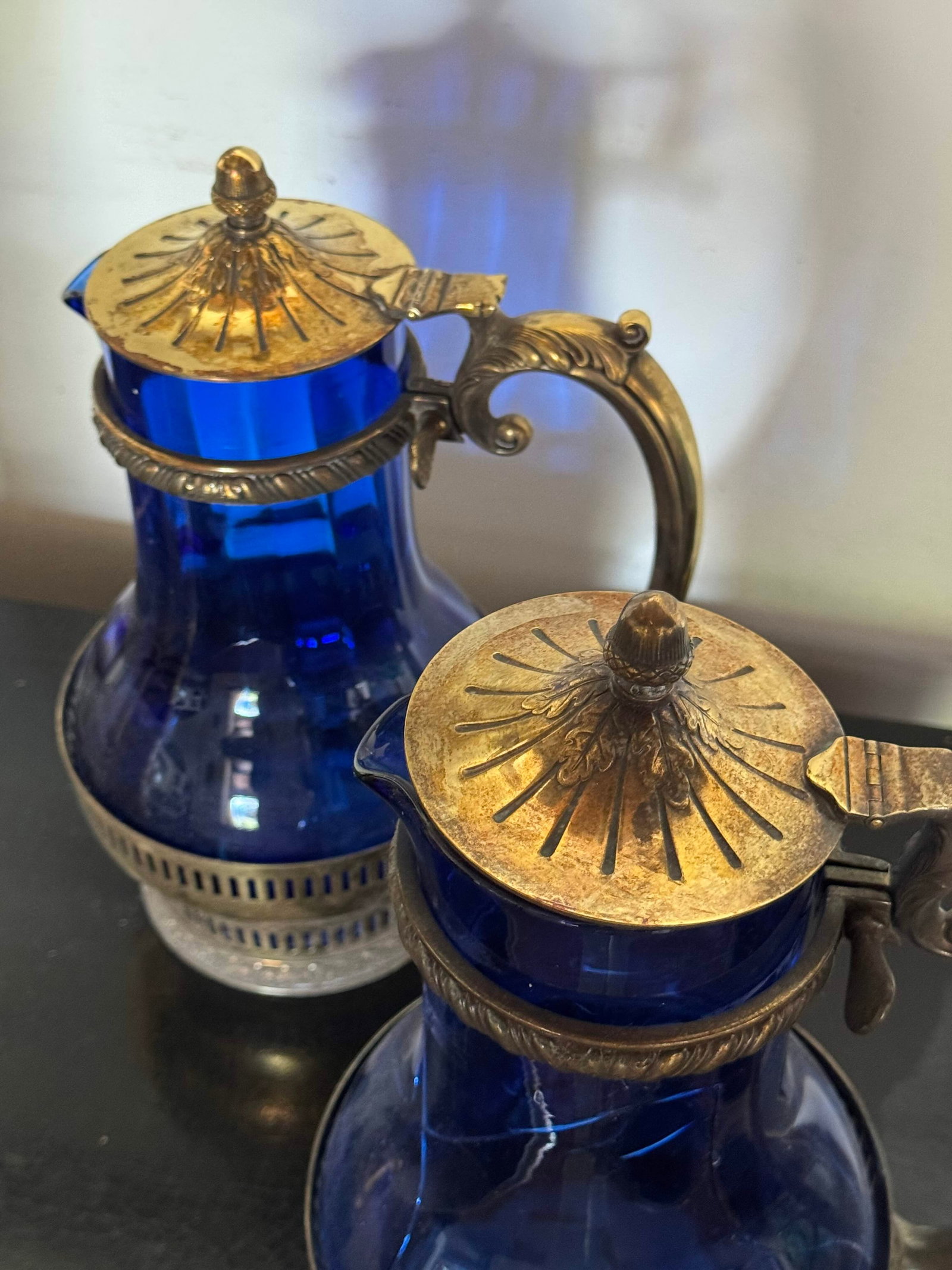 Pair of 19th Century Gorham Enameled Cobalt Blue Glass and Gilt Metal Ewers/Decanters - 3