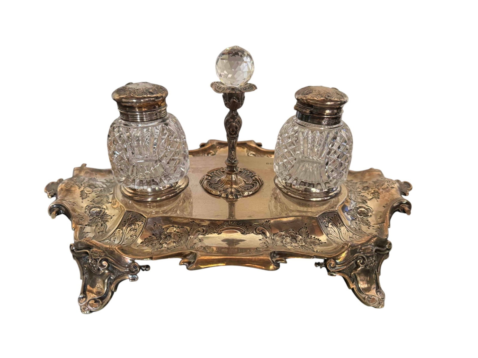 Victorian Sterling Silver and Cut Glass Desk Inkwell Set with Inkstand (1 of 3)