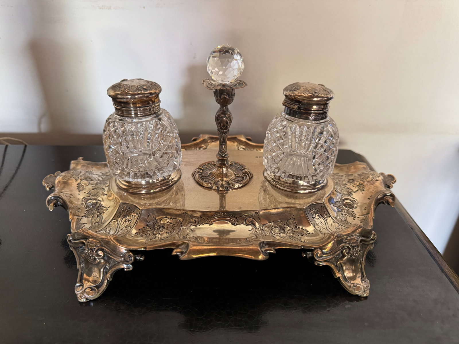 Victorian Sterling Silver and Cut Glass Desk Inkwell Set with Inkstand - 2