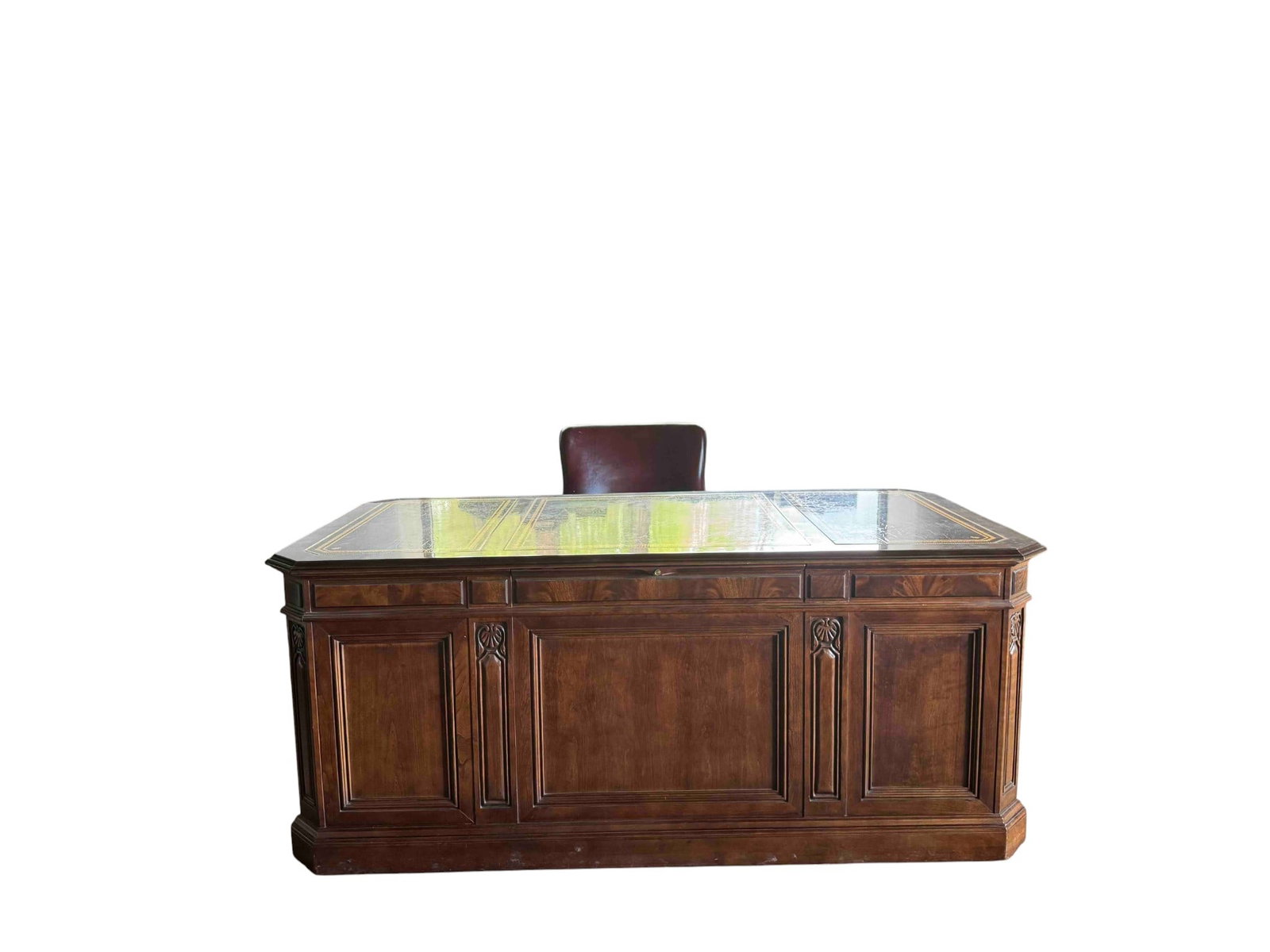 Carved Victorian-Style Executive Desk with Tooled Leather Top (1 of 6)