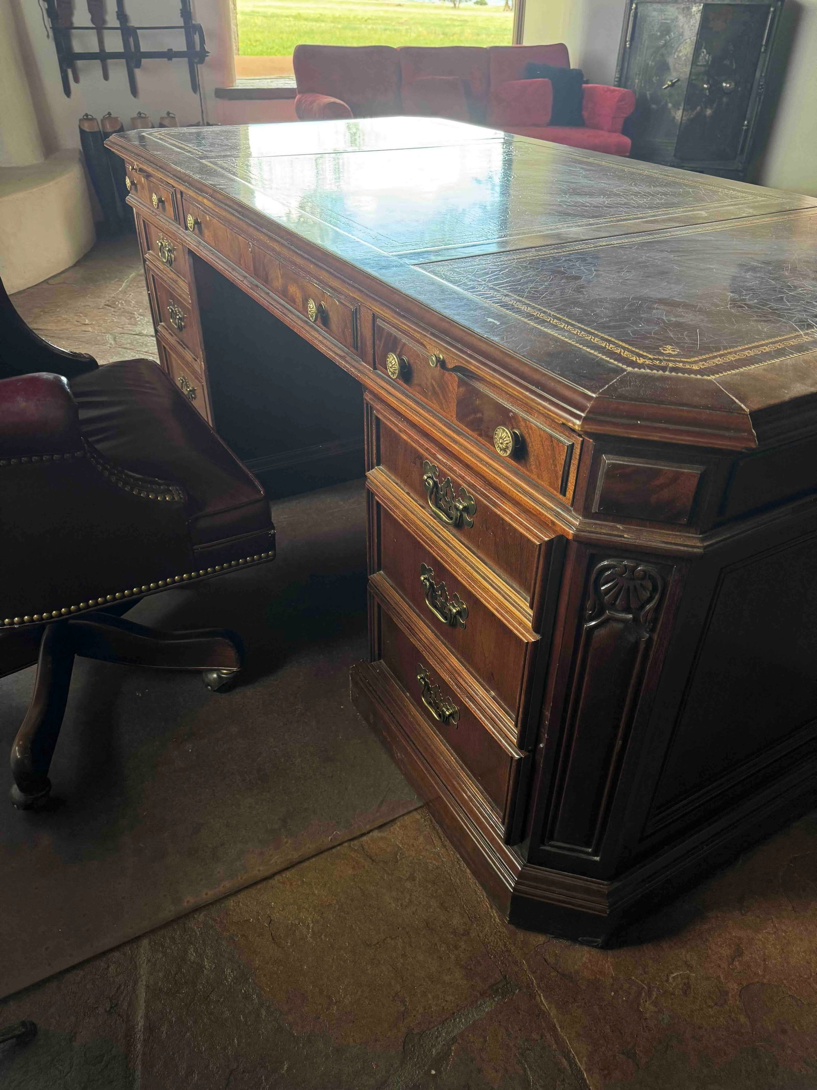 Carved Victorian-Style Executive Desk with Tooled Leather Top - 5