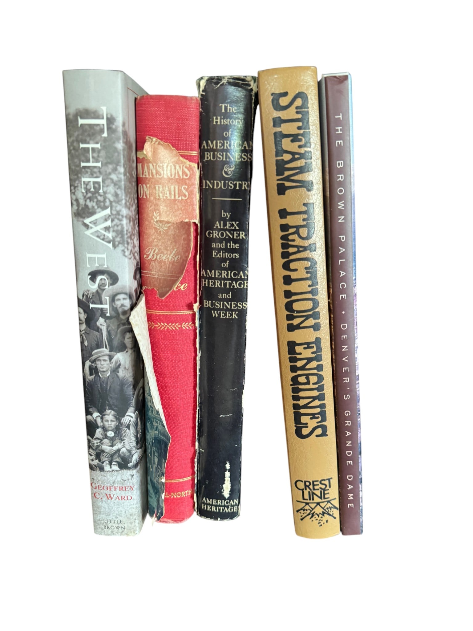 Collection of Five American History Books: A collection of five books primarily focused on American history, industry, and Western expansion. The lot includes "The Brown Palace: Denver's Grande Dame", "Steam Traction Engines" by Crestline,
