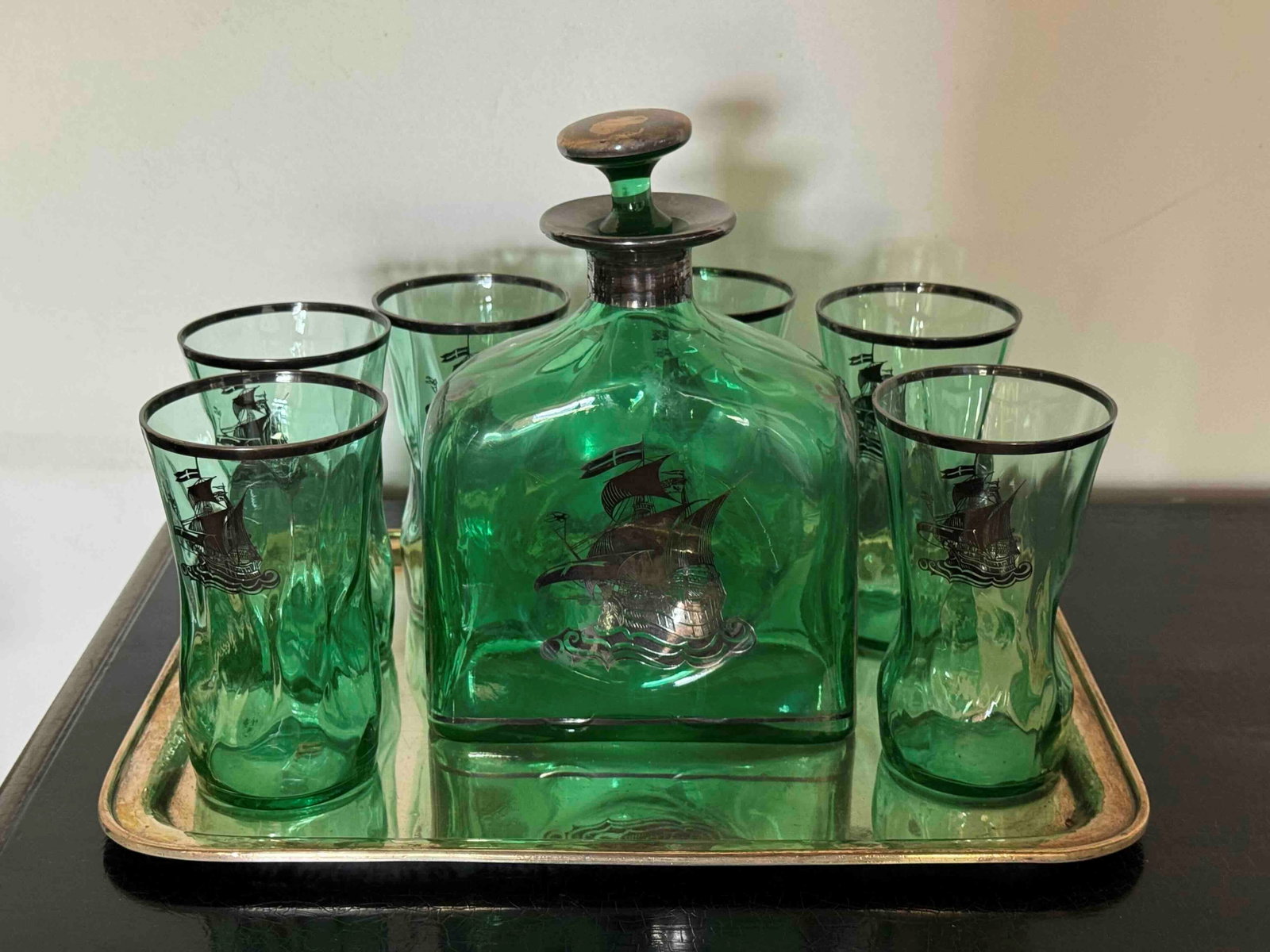 Green Glass Decanter Set with Silver Overlay and Nautical Motif on Silverplate Tray - 2