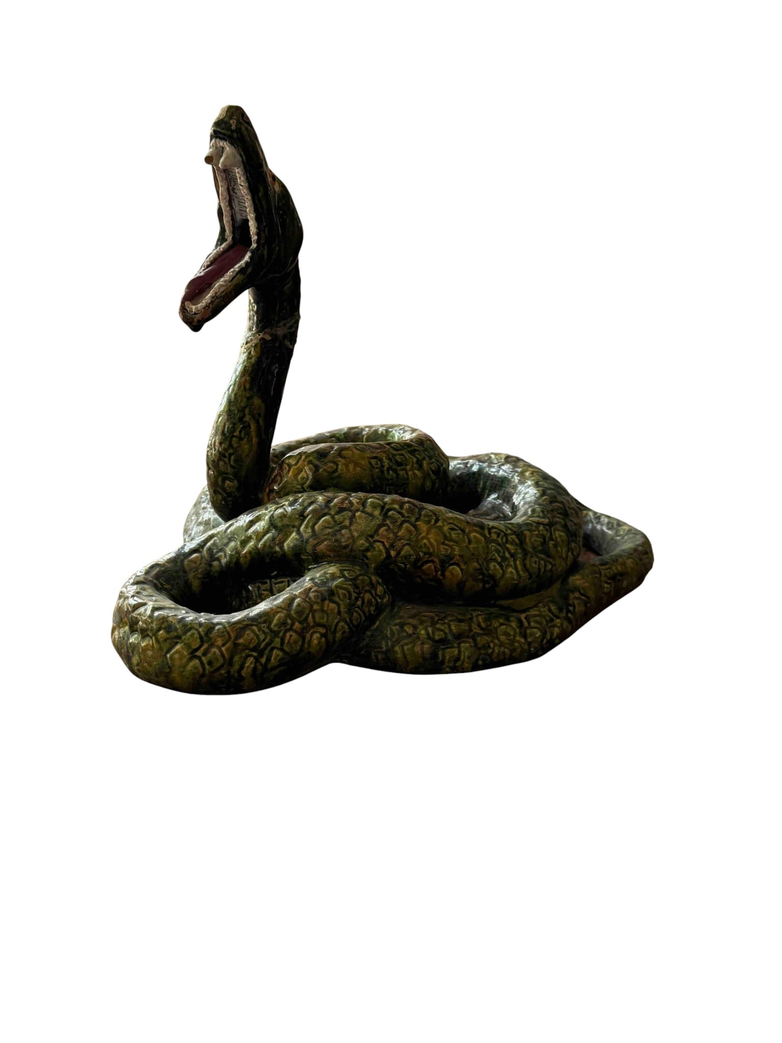 Patinated Ceramic Serpent Sculpture: This imposing serpent sculpture captures attention with its dramatic portrayal of a snake, likely a python or boa constrictor, in an aggressive, striking pose. The serpentine body is intricately