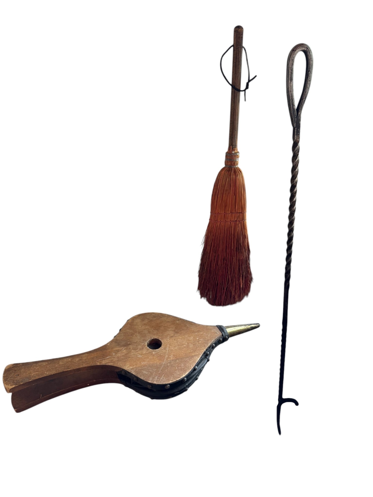Three-Piece Fireside Companion Set with Bellows, Poker, and Hearth Brush: A charming three-piece vintage fireside companion set, likely European from the mid-20th century, perfect for adding a touch of rustic utility to any hearth. The set includes a hand-carved wooden