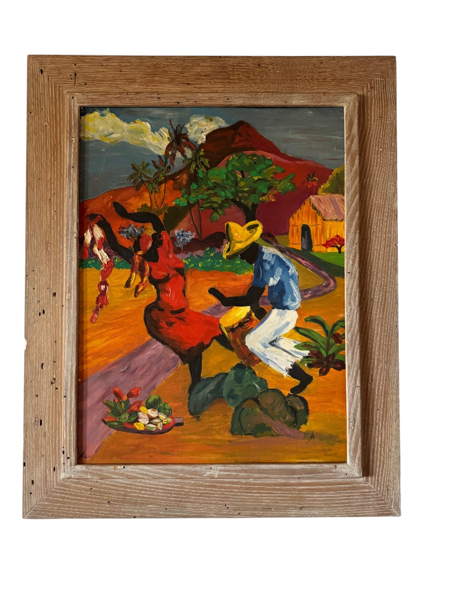 Tropical Figure Study, Expressionist Oil Painting: This vibrant oil on canvas painting depicts a stylized figural scene in a tropical setting, rendered with bold brushstrokes and a vivid color palette. The composition features several figures engaged